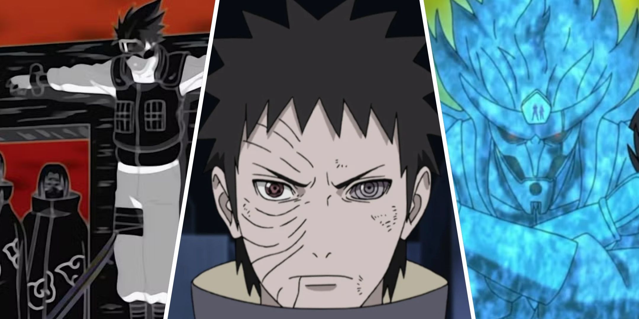 Featured image of the article Naruto 8 Best Sharingan Abilities, Ranked showing Tsukuyomi, Obito, and Kakashi's Susanoo.