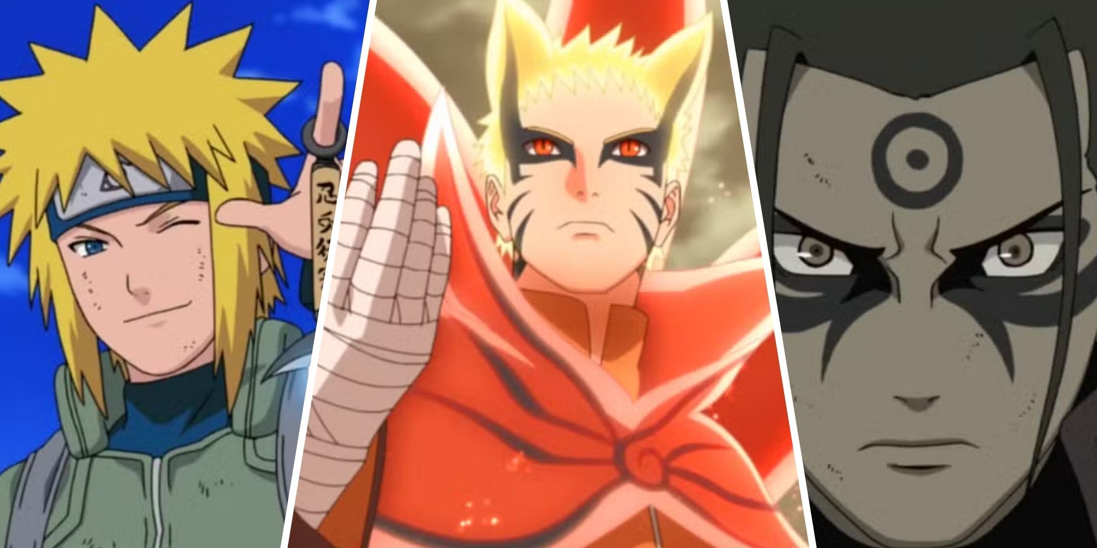 Featured image of the article Naruto Every Hokage, Ranked By Strength showcasing Minato, Baryon Mode Naruto, And Hashirama.