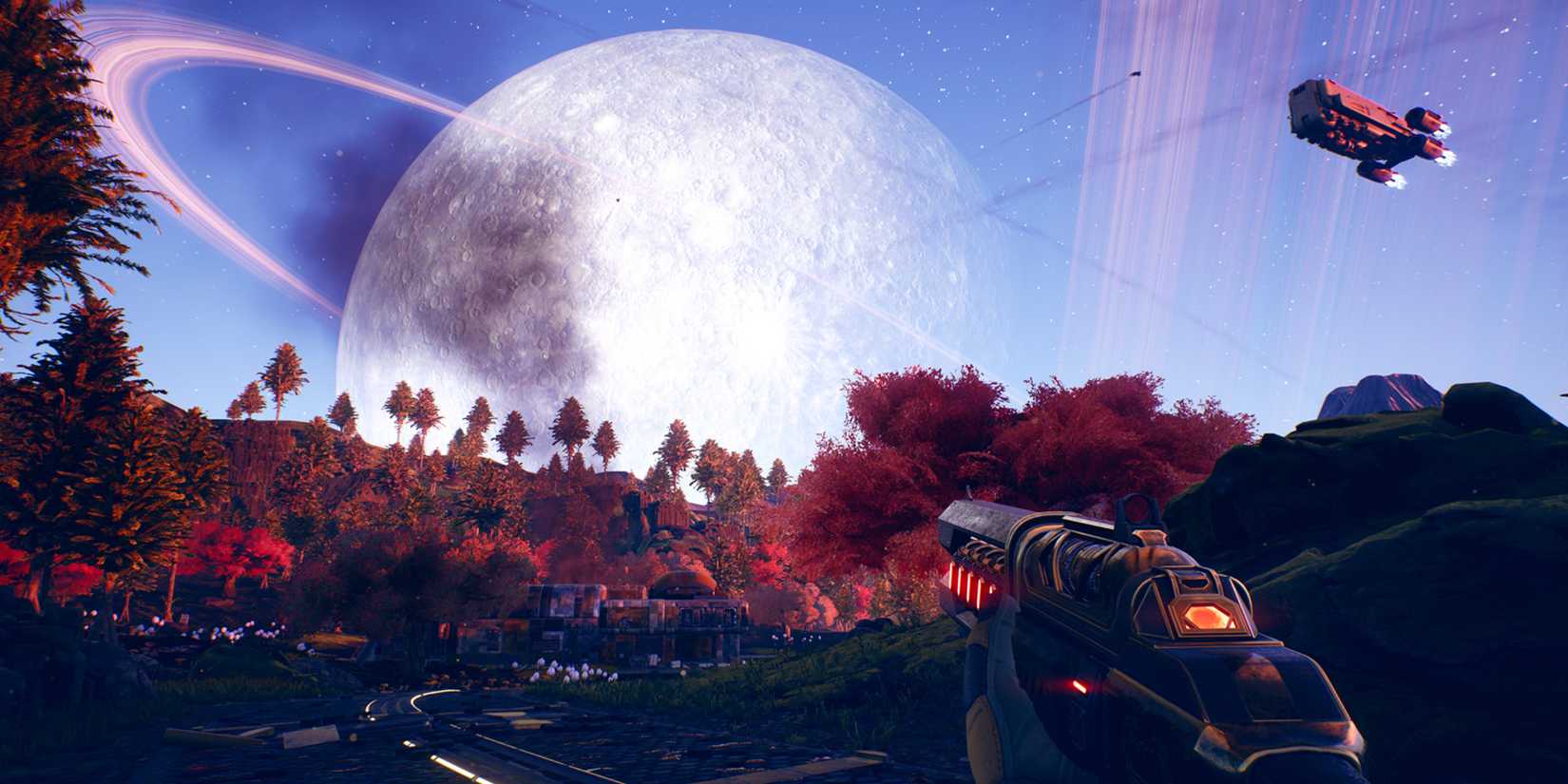 The Outer Worlds, exploring the enviornment with a large planet and spaceship in the sky.
