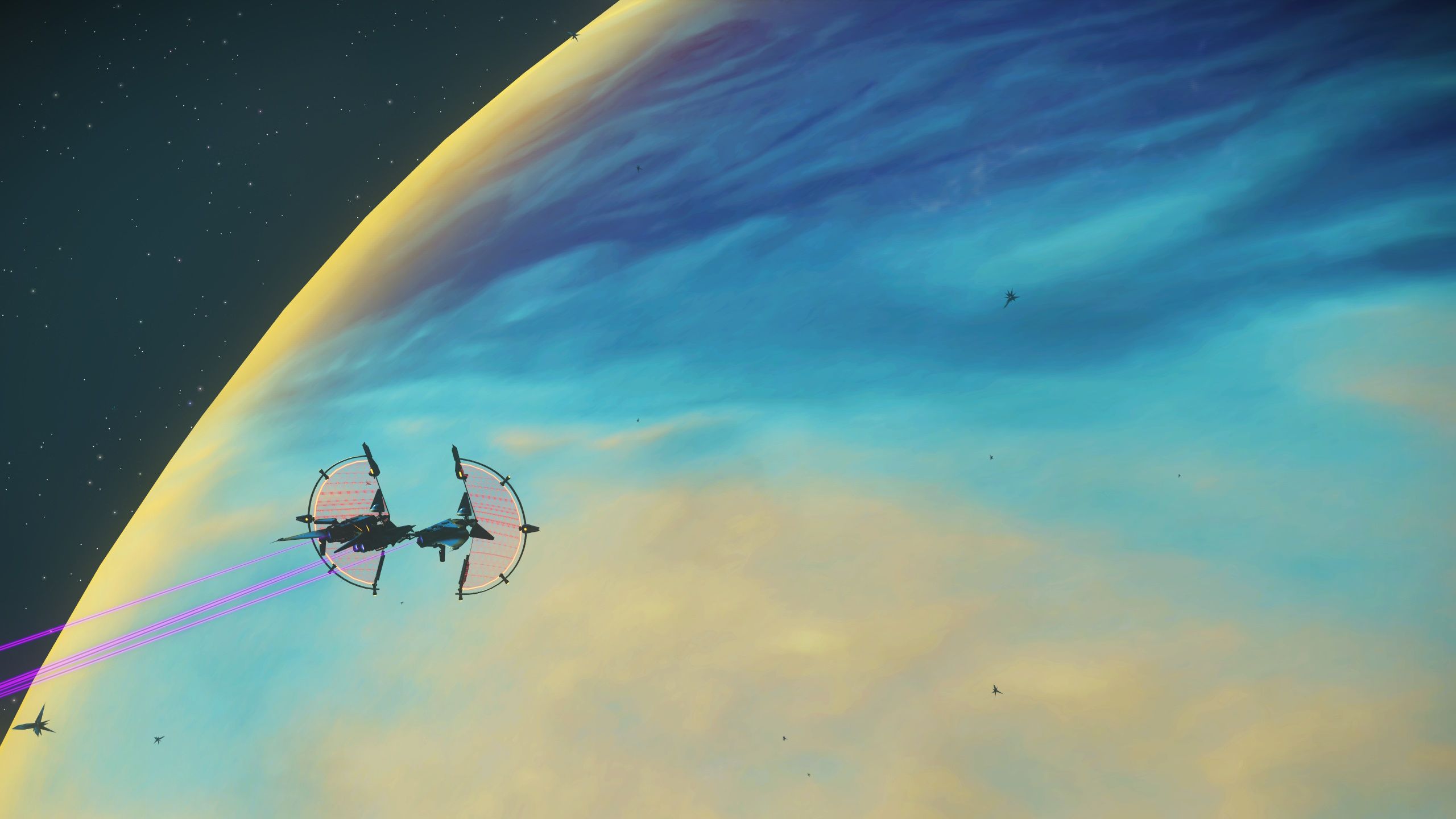 A Traveler in orbit around a Gas Giant in No Man's Sky.