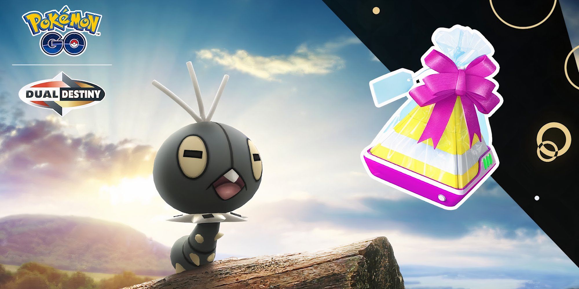 Image of Scatterbug on a log with a Pokemon Go Gift to the right.