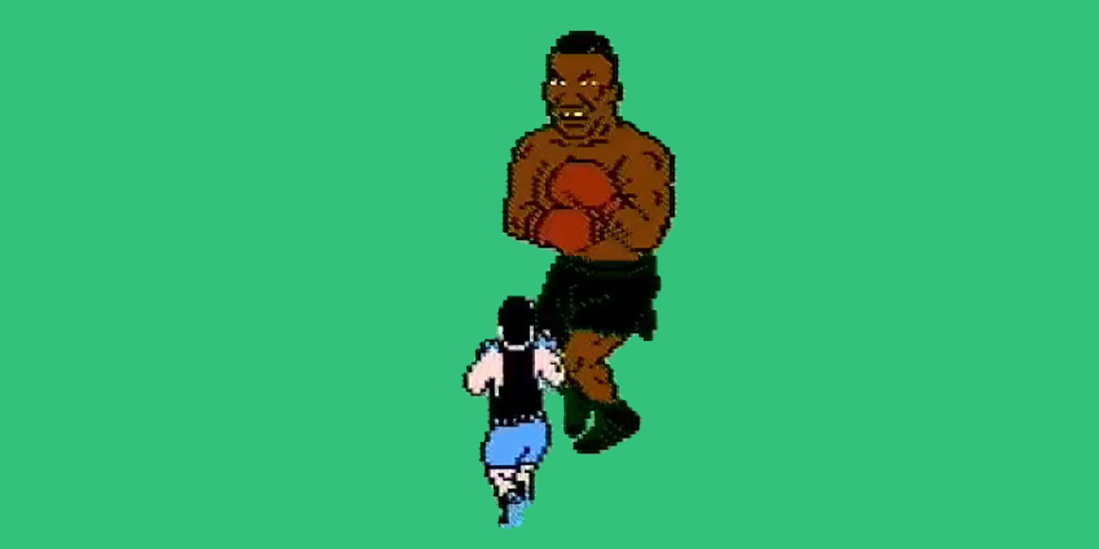 Mike Tyson boxing match punching out over green background.