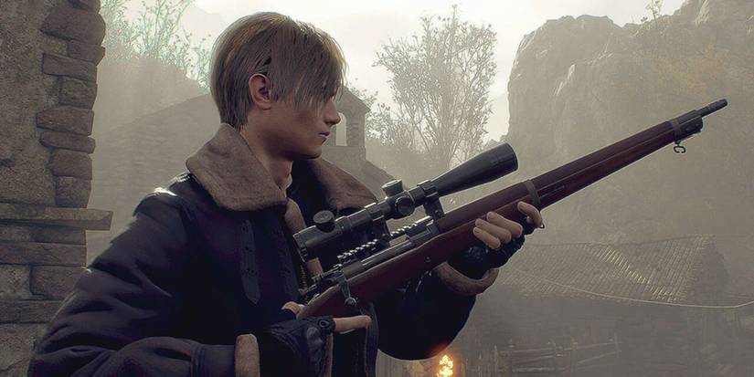 Leon holding a sniper rifle in Resident Evil 4 Remake.