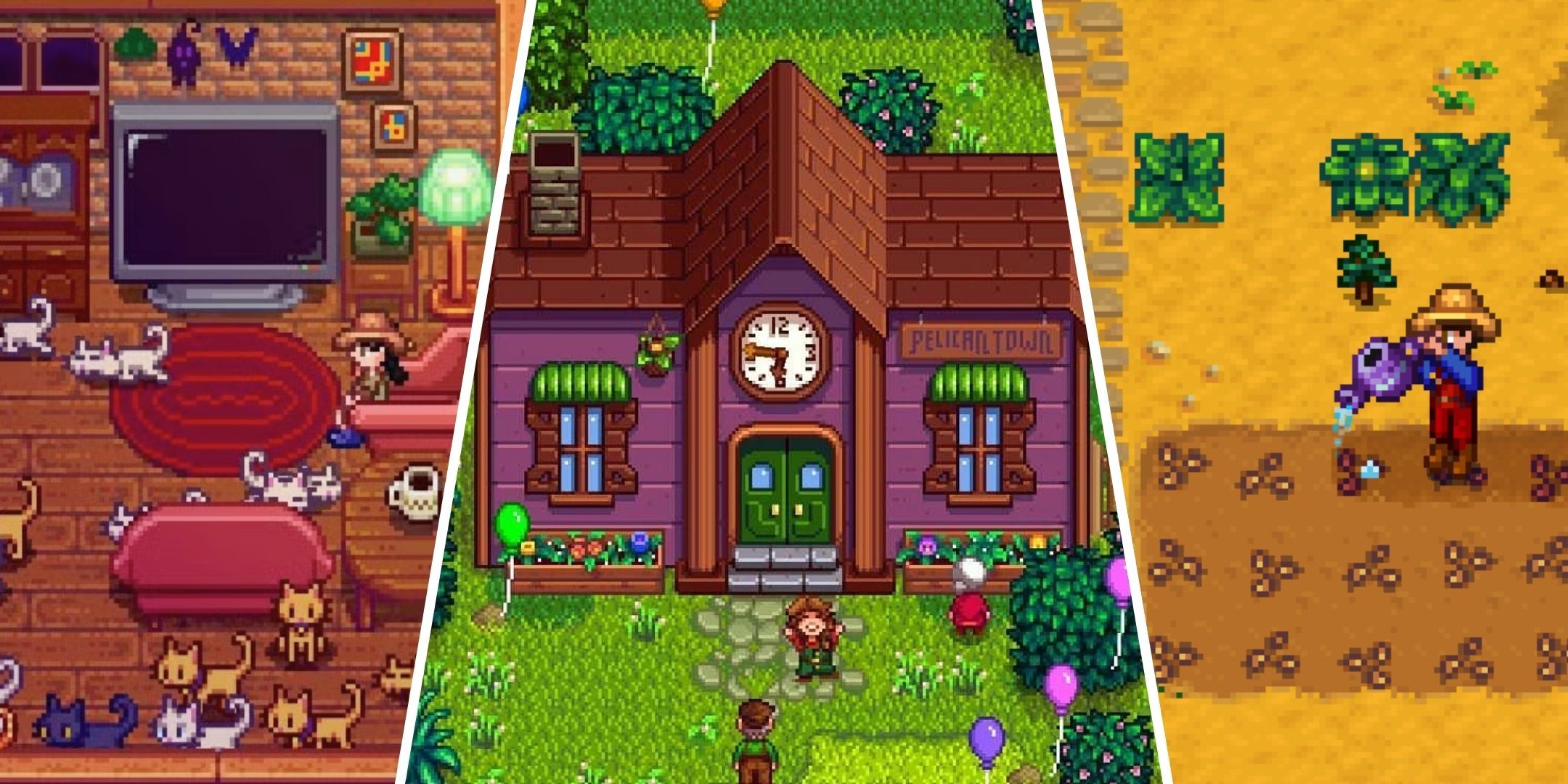 Three Images Of A Player At Home With Cats, The Restored Community Center, And A Player Farming In Stardew Valley.