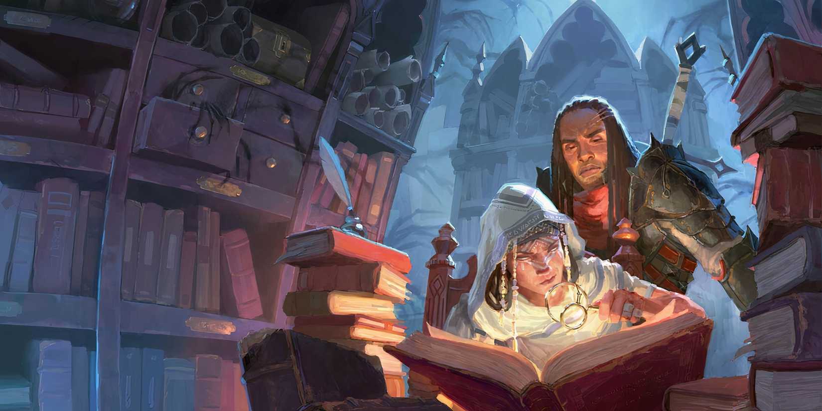 Two magic users study a textbok in a dark library in Dungeons & Dragons.
