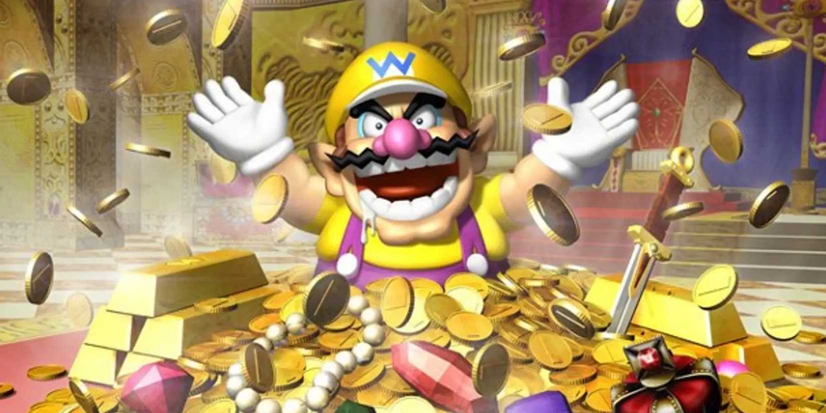 The cover art for Wario World features Wario emerging from a pile of gold, gems, and other treasure.