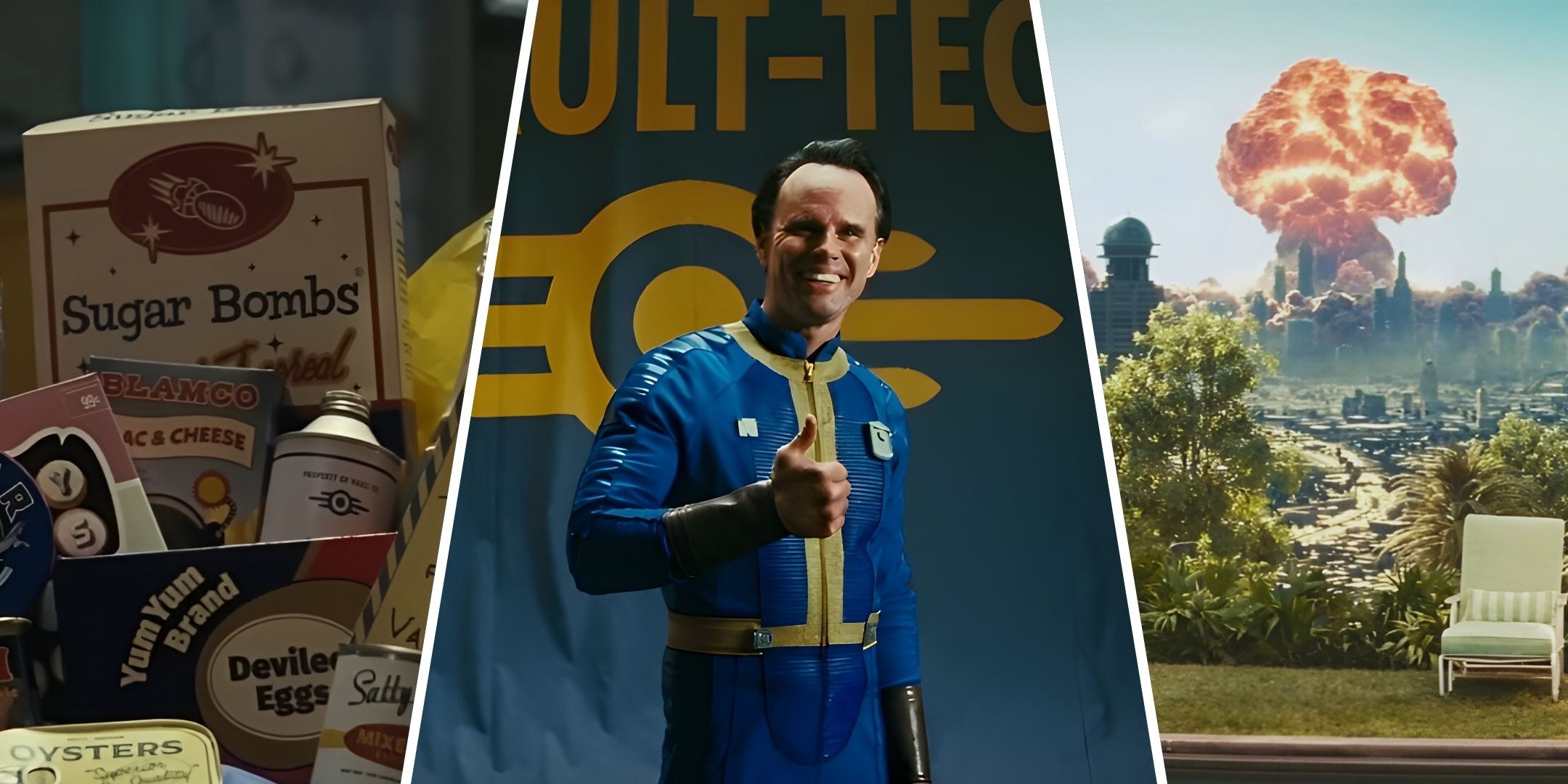 An image collage of Fallout foods, Vault boy thumbs up, and nuclear explosion.
