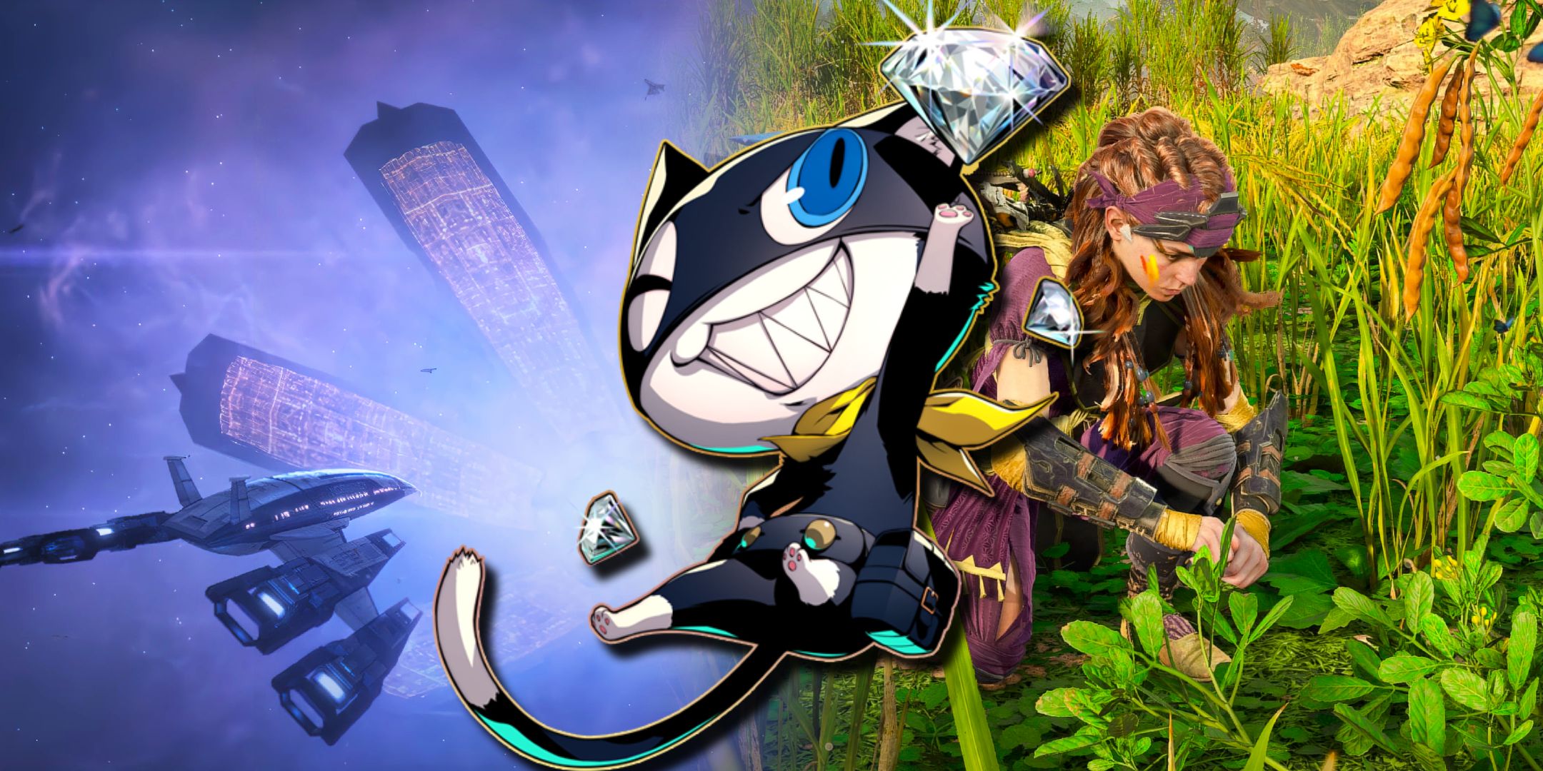 A split image of the Normandy flying to the Citadel in Mass Effect and Aloy harvesting plants in Horizon: Forbidden West with Morgana from Persona 5 over top.