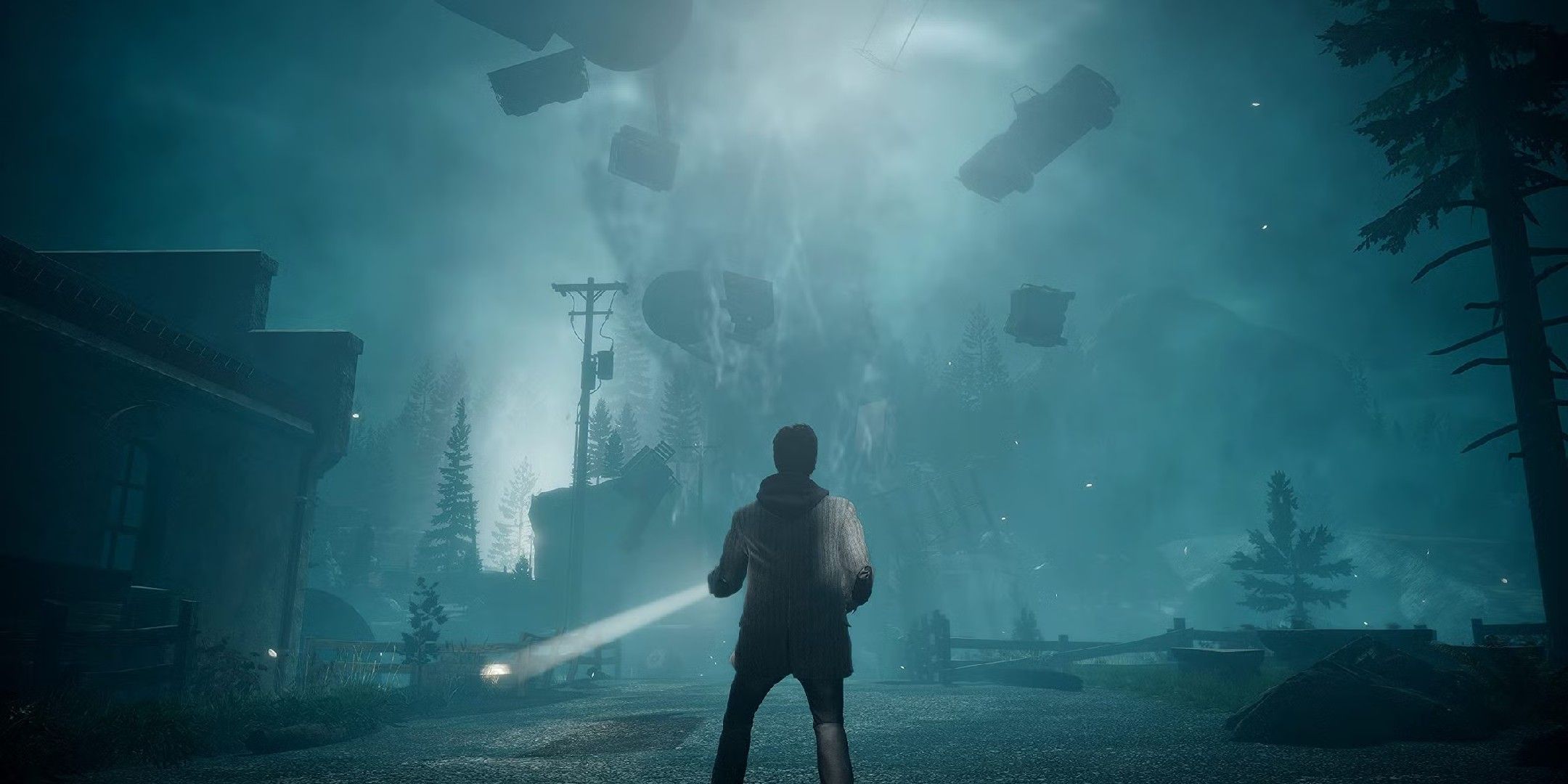 Alan Wake olhando para um tornado em cena do jogo
