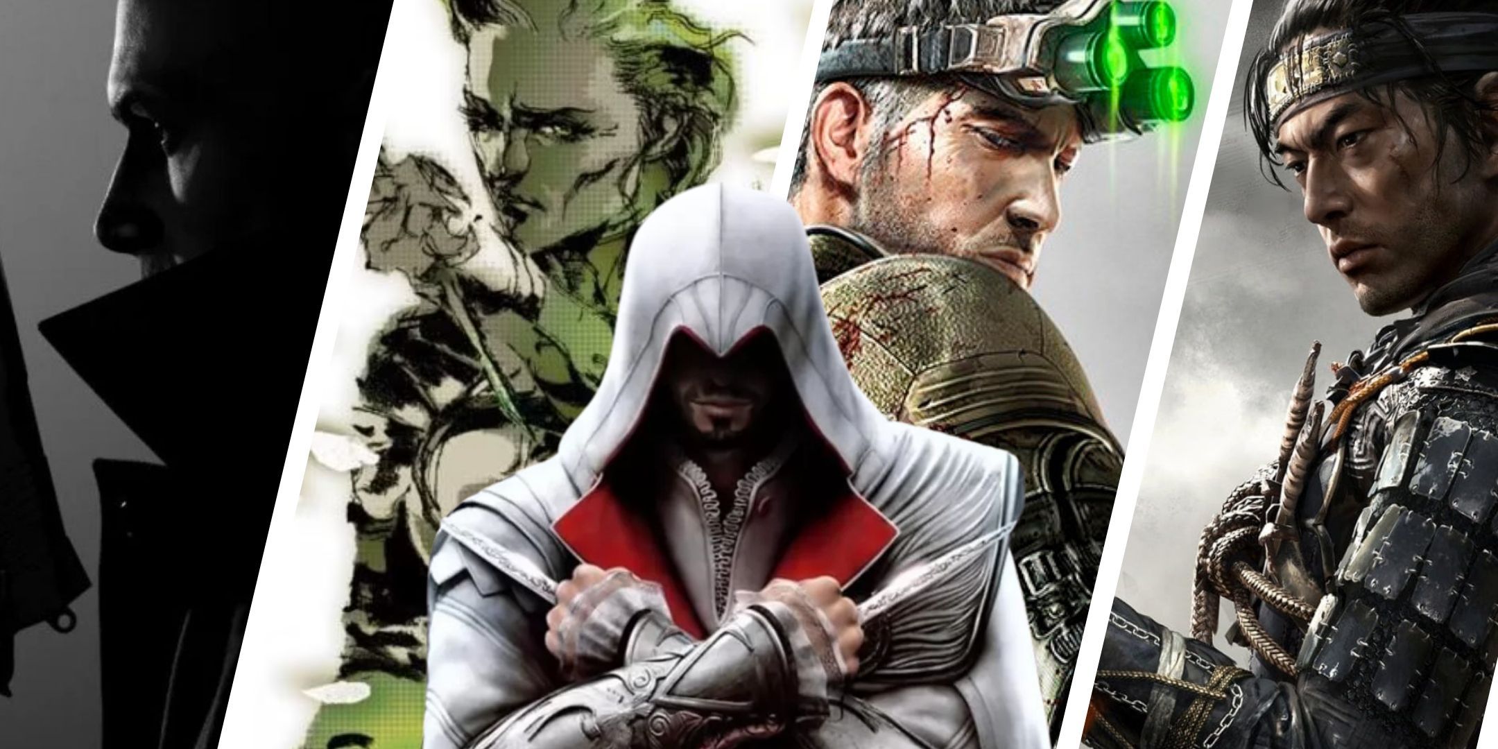 Split images of: Hitman 3, Metal Gear Solid 3: Snake Eater, Assassin's Creed Brotherhood, Tom Clancy's Splinter Cell: Blacklist and Ghost of Tsushima.