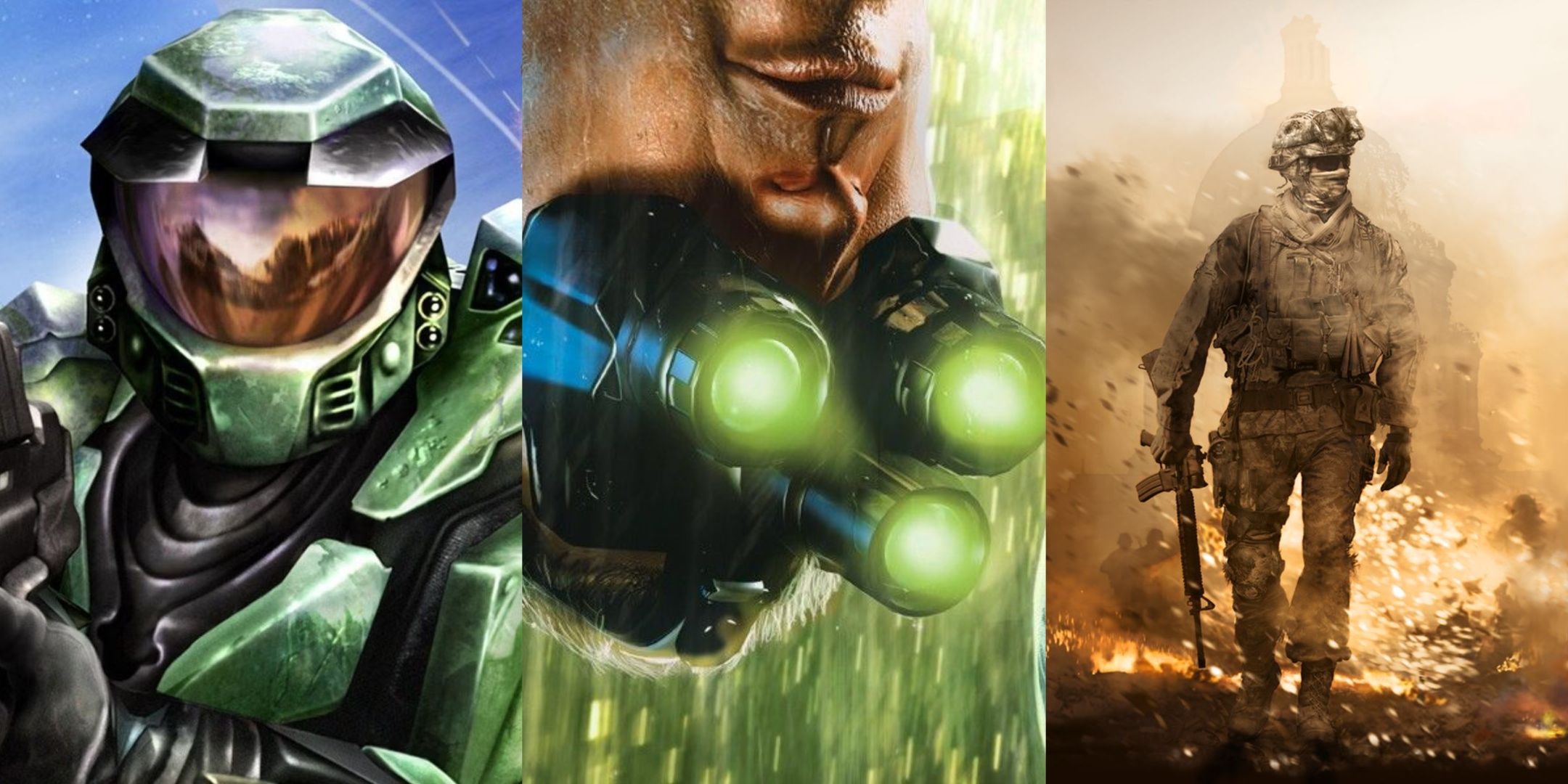 Box art to Halo: Combat Evolved, Splinter Cell: Chaos Theory, and Call of Duty: Modern Warfare 2 2009.