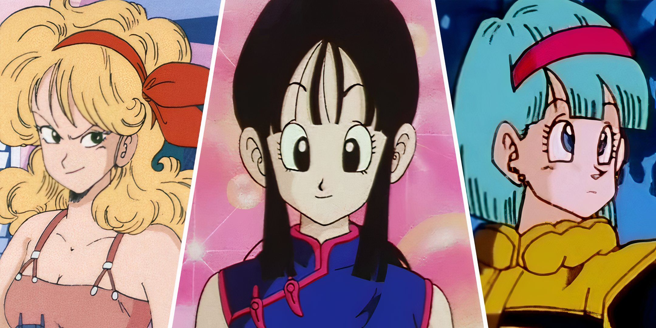 A split image of Launch, Chi-Chi and Bulma from Dragon Ball.