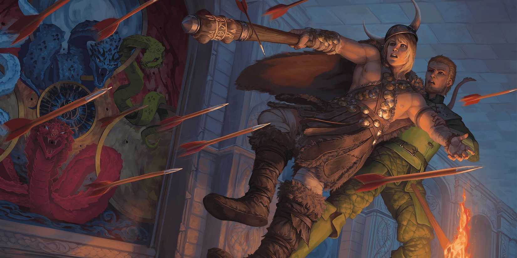 Two adventurers stumble across an arrow-shooting trap in Dungeons & Dragons.