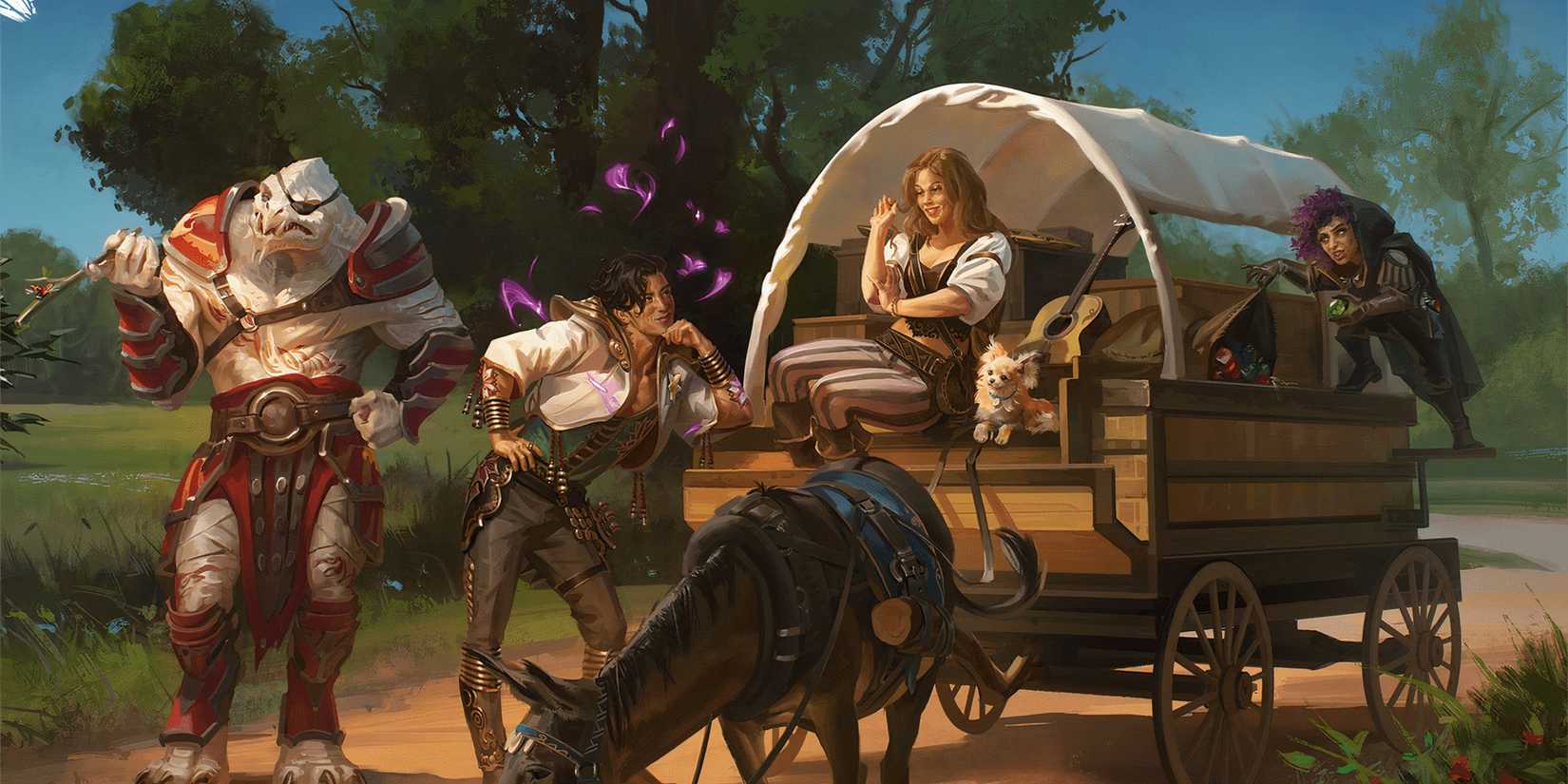 A low-level adventuring party on a wagon in Dungeons & Dragons. 