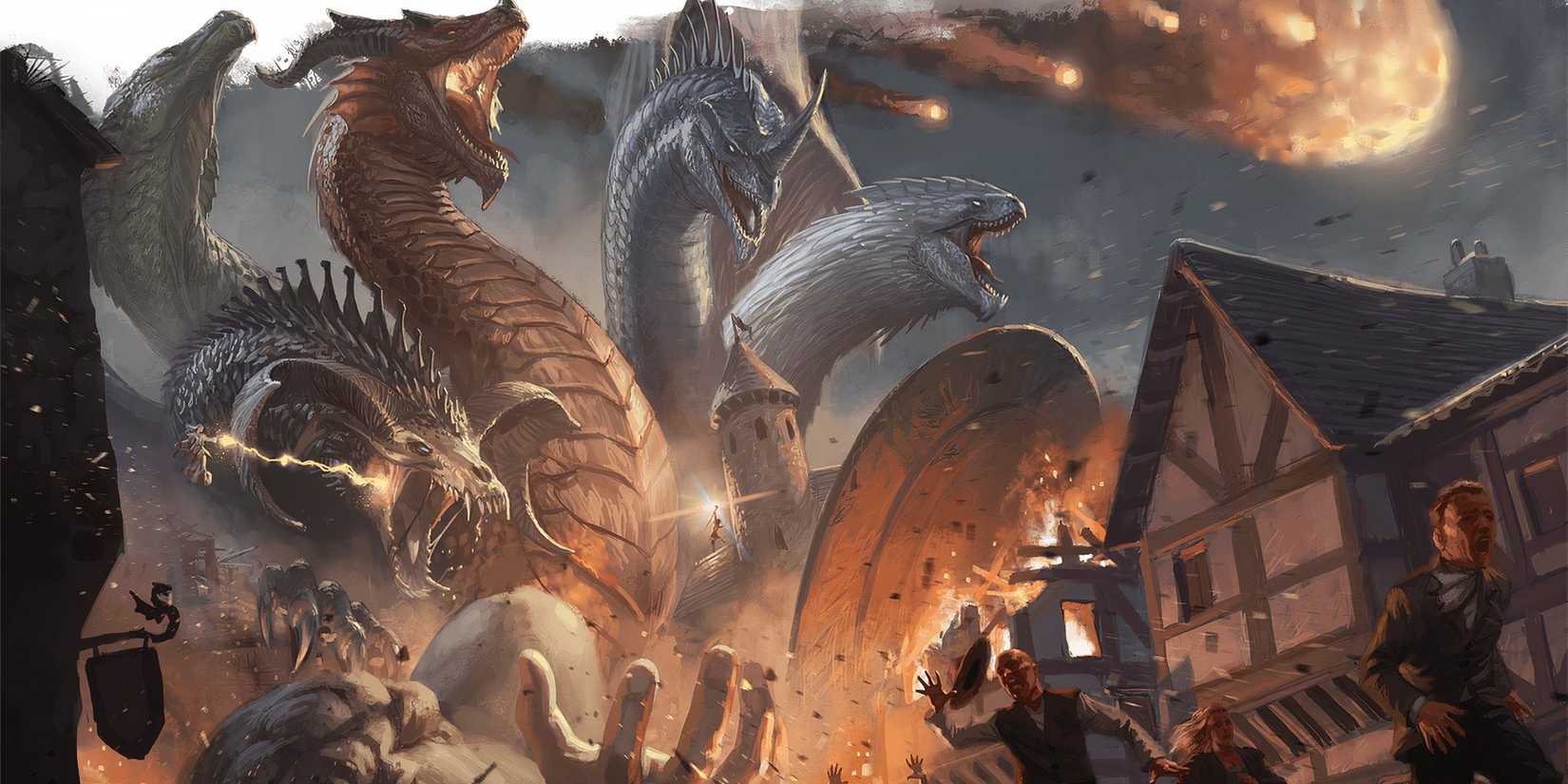 Tiamat attacking the city of Greyhawk in DND. 
