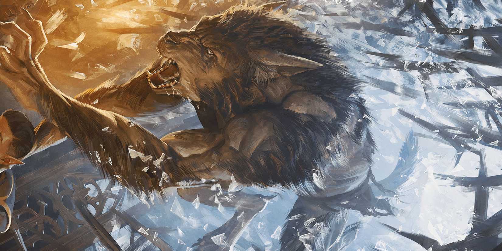 A werewolf crashing through the window of a house in Dungeons & Dragons (DND).