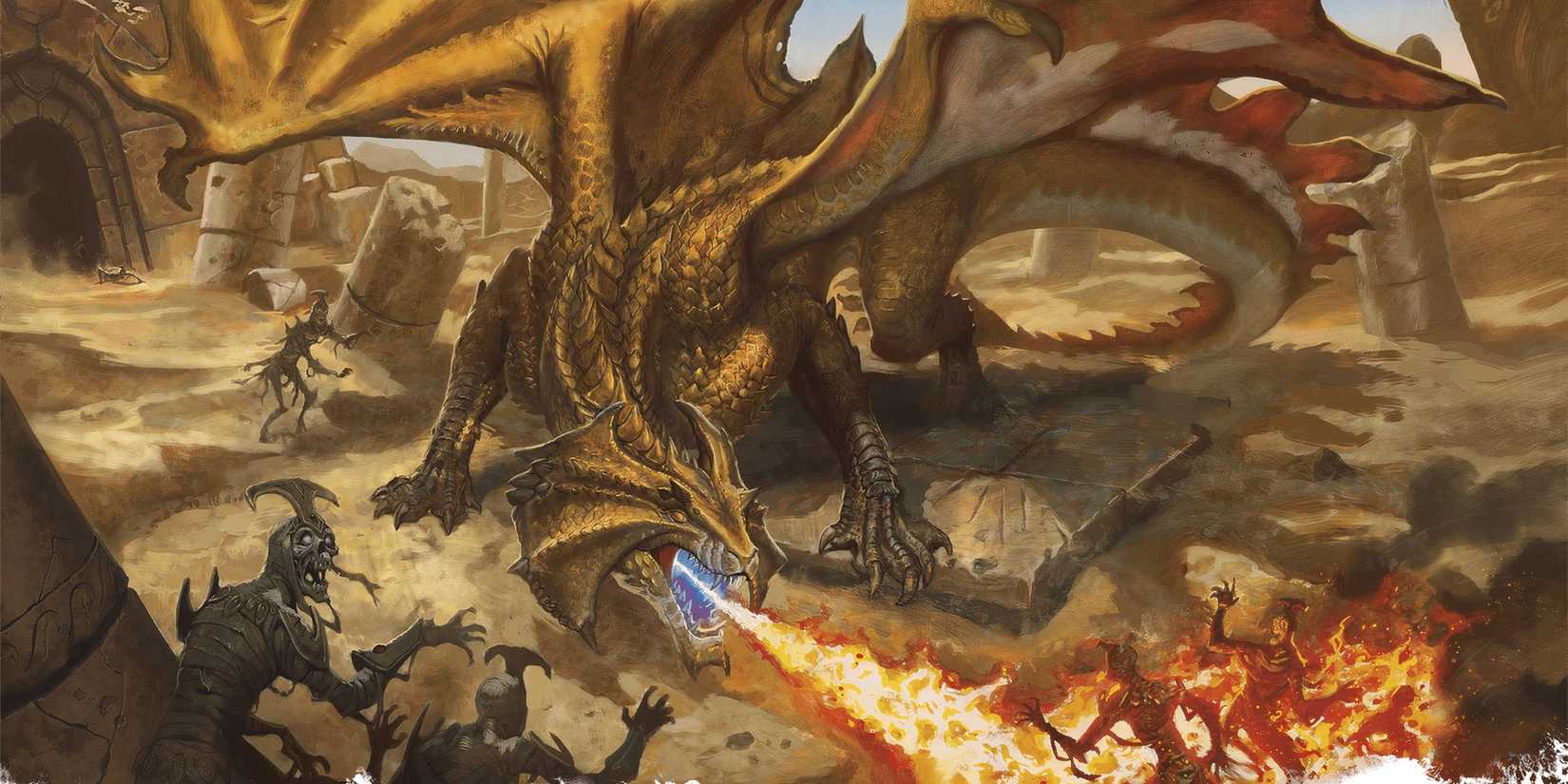 A brass dragon burns skeletons alive in Dungeons & Dragons.