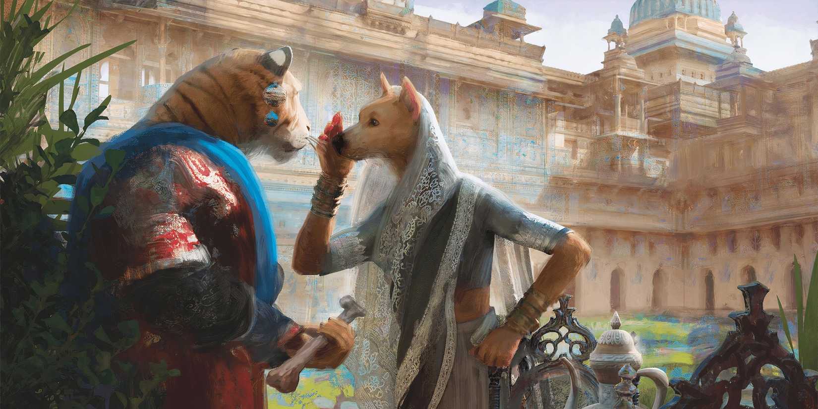 Two animalfolk converse in the Cerulean Citadel in Dungeons & Dragons. 