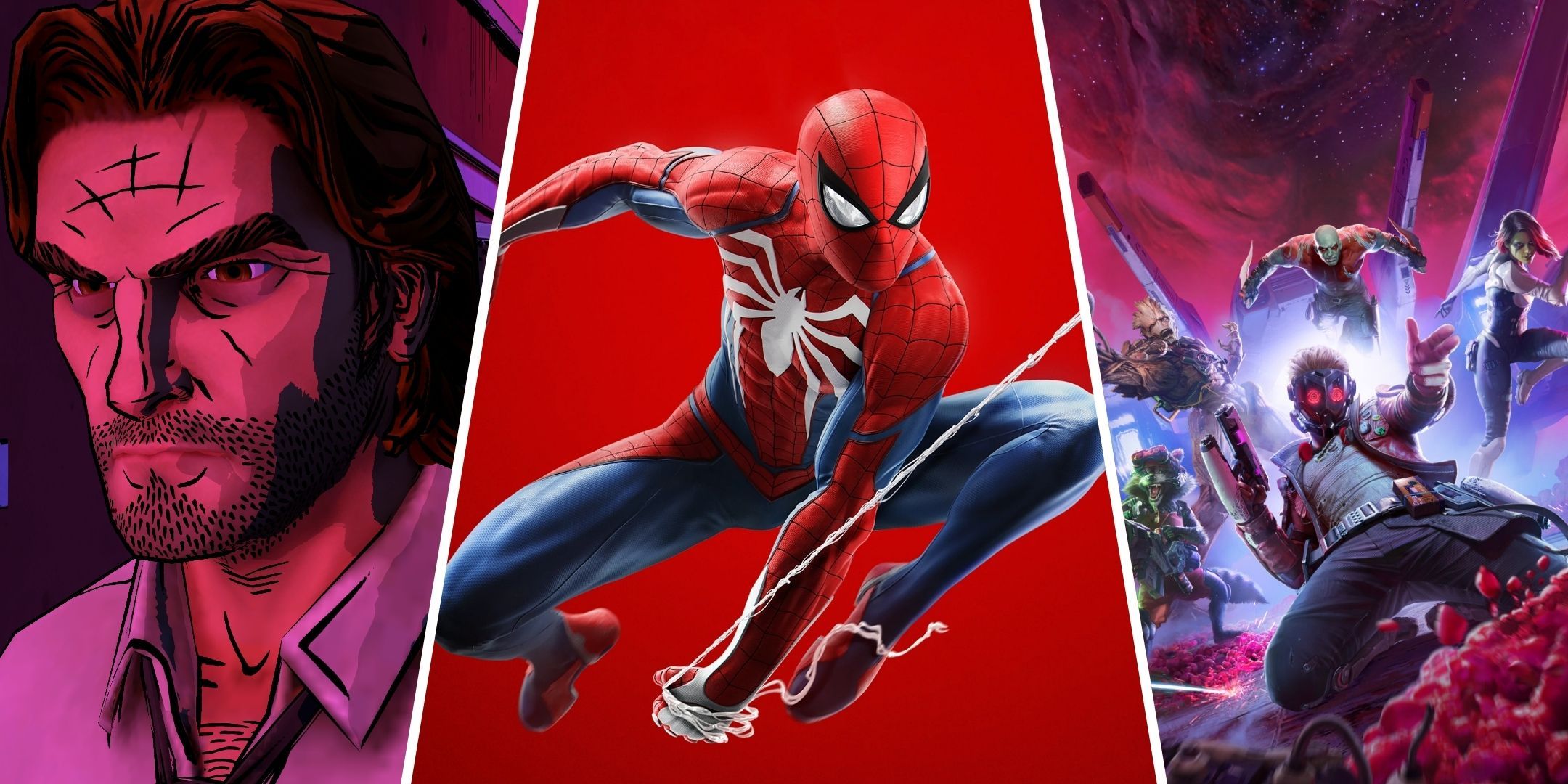 Split image of Wolf Among Us, Marvel's Spider-Man, and Marvel's Guardians of the Galaxy.