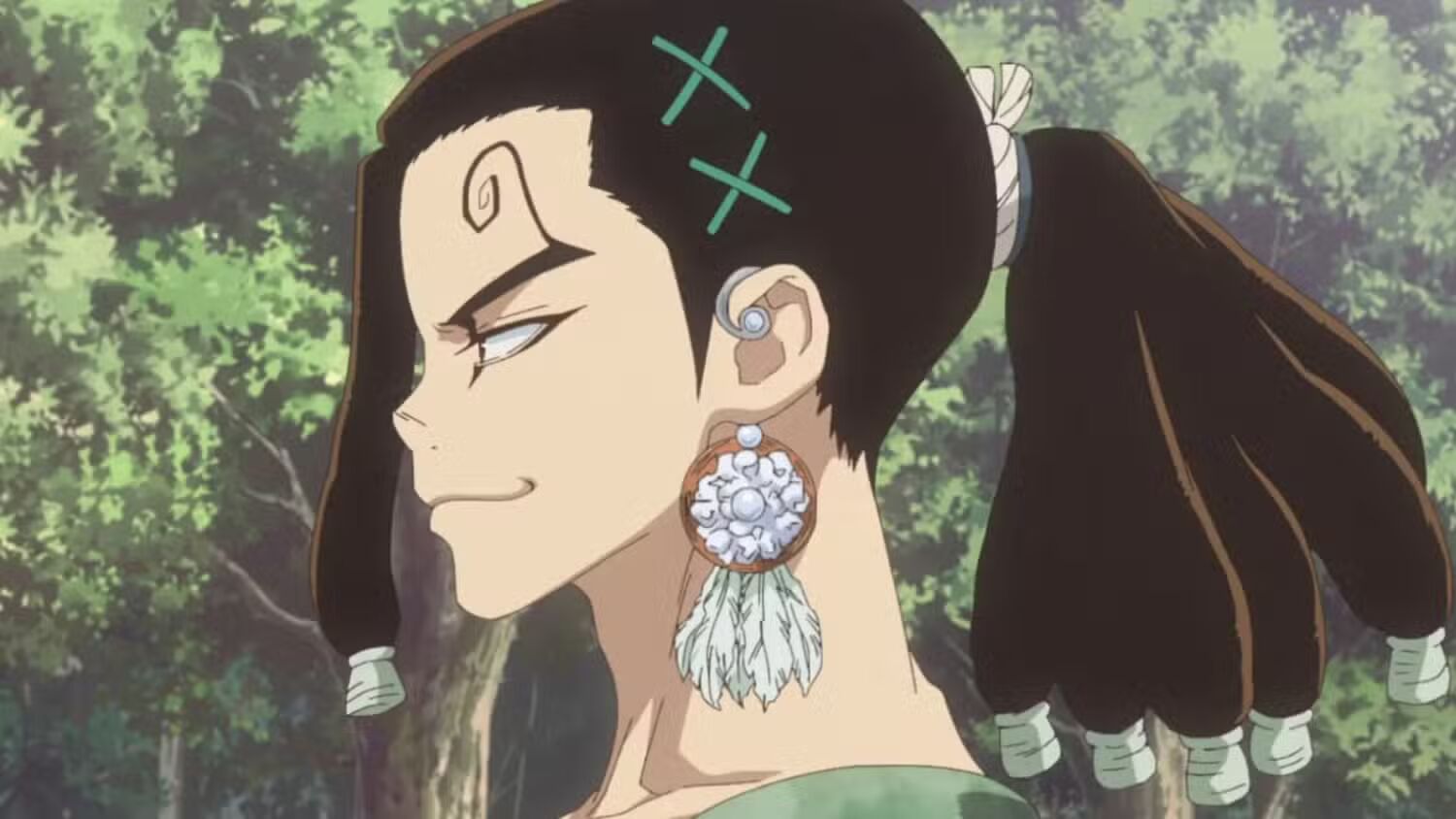 Mozu looking smug from the Dr.Stone anime.