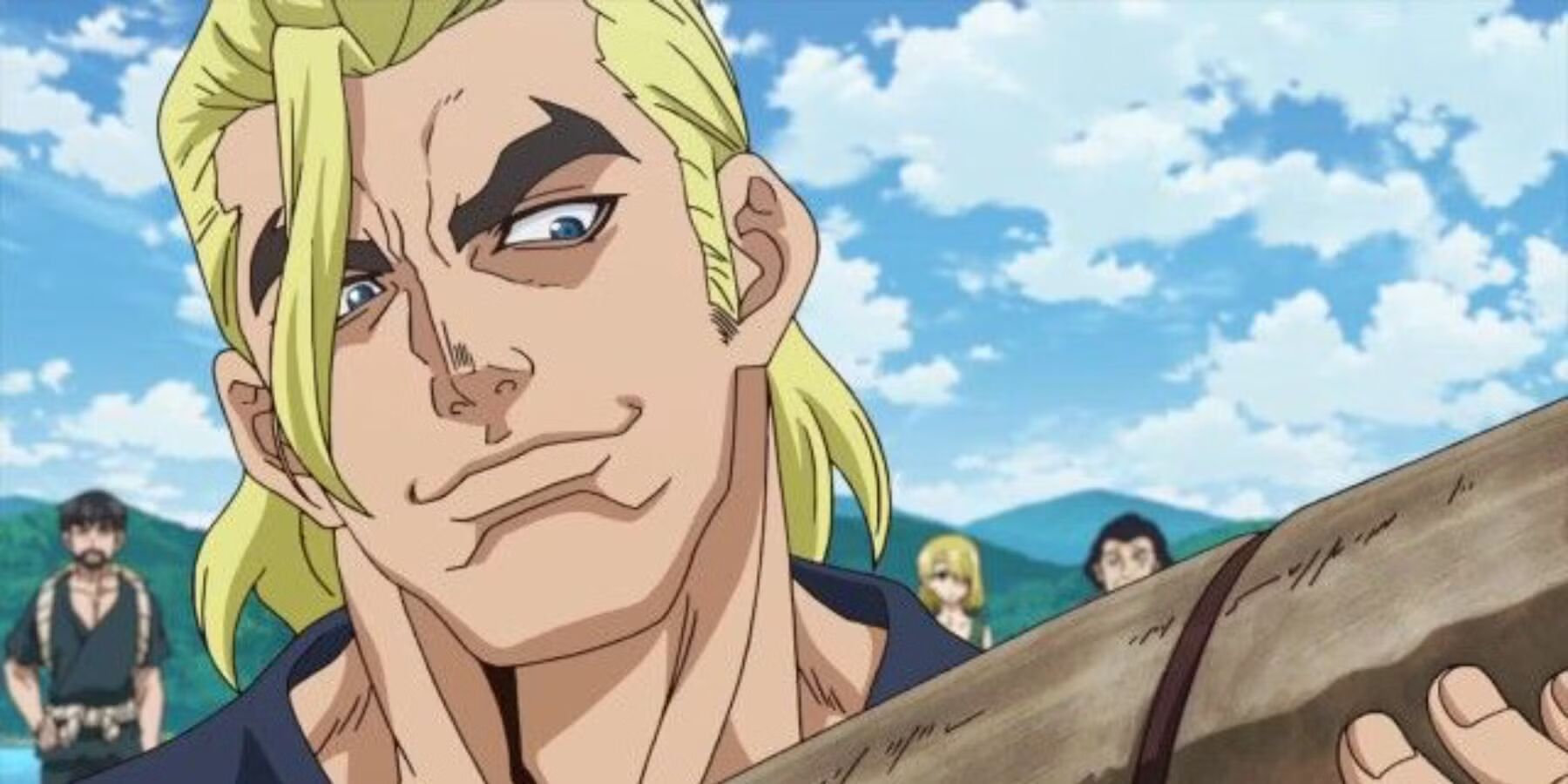 Magma looking confident with a weapon in his hands in the Dr.Stone anime.