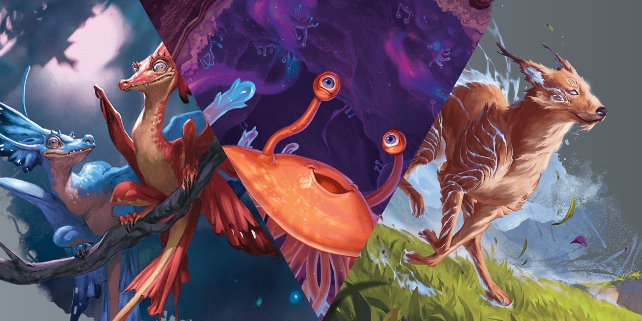 Dungeons & Dragons, Featured Image. A set of Faerie Dragons, a Flumph, and a Blink Dog.