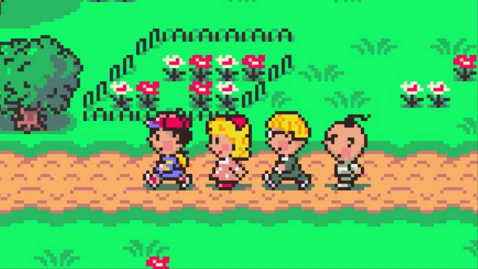 A screenshot from Earthbound, showcasing the main party walking along a dirt path.