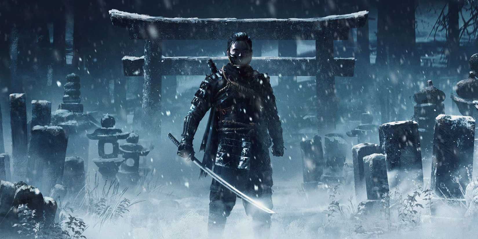 Jin Sakai still stood in the middle of snow, wearing a mask and holding Katana in the spirit of Tsushima.