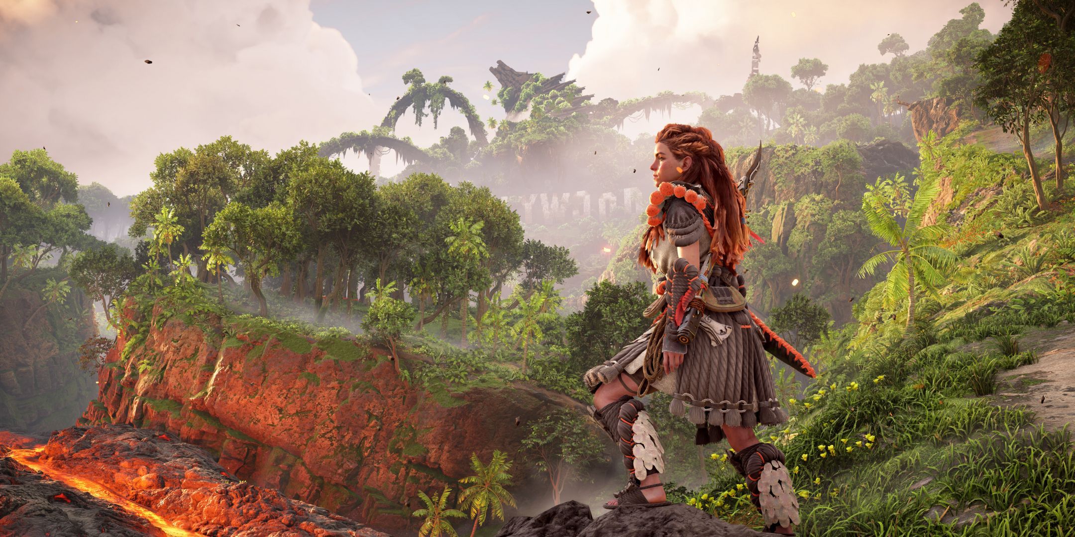 Aloy em uma pose de ação em Horizon Forbidden West, com a palavra-chave Horizon Forbidden West em destaque.