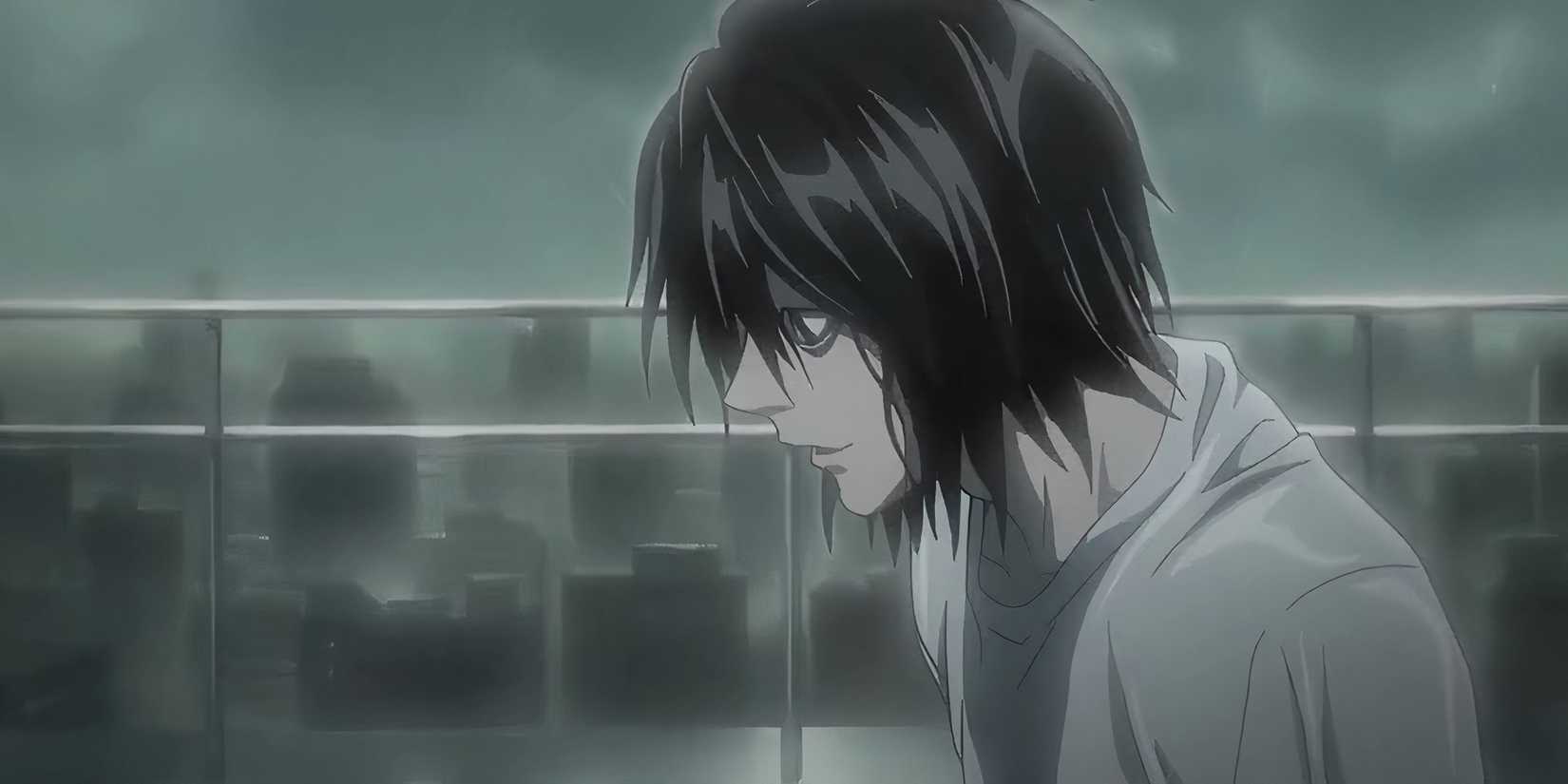 Death Note's El is smiling sadly while it's raining.