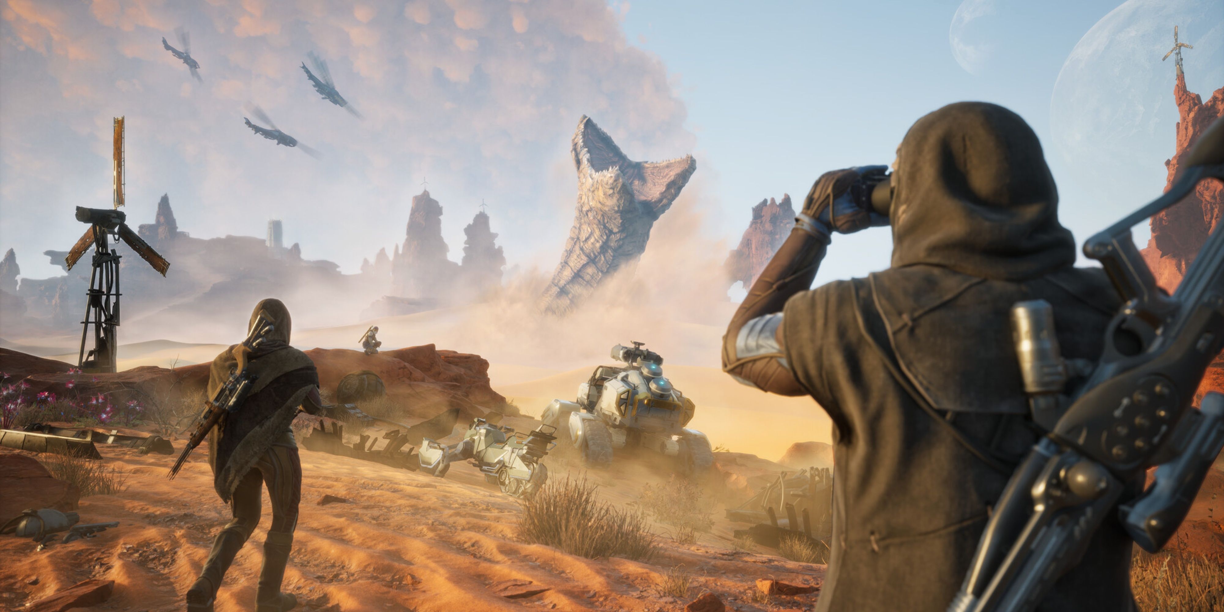 people looking at a sandworm in dune: awakening.