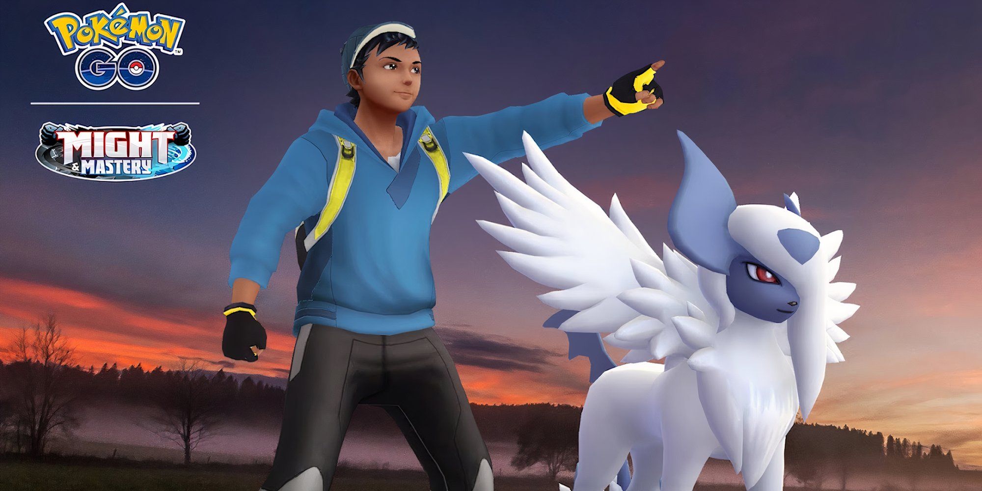 Image of a Pokemon Go avatar standing and pointing next to a Mega Absol.