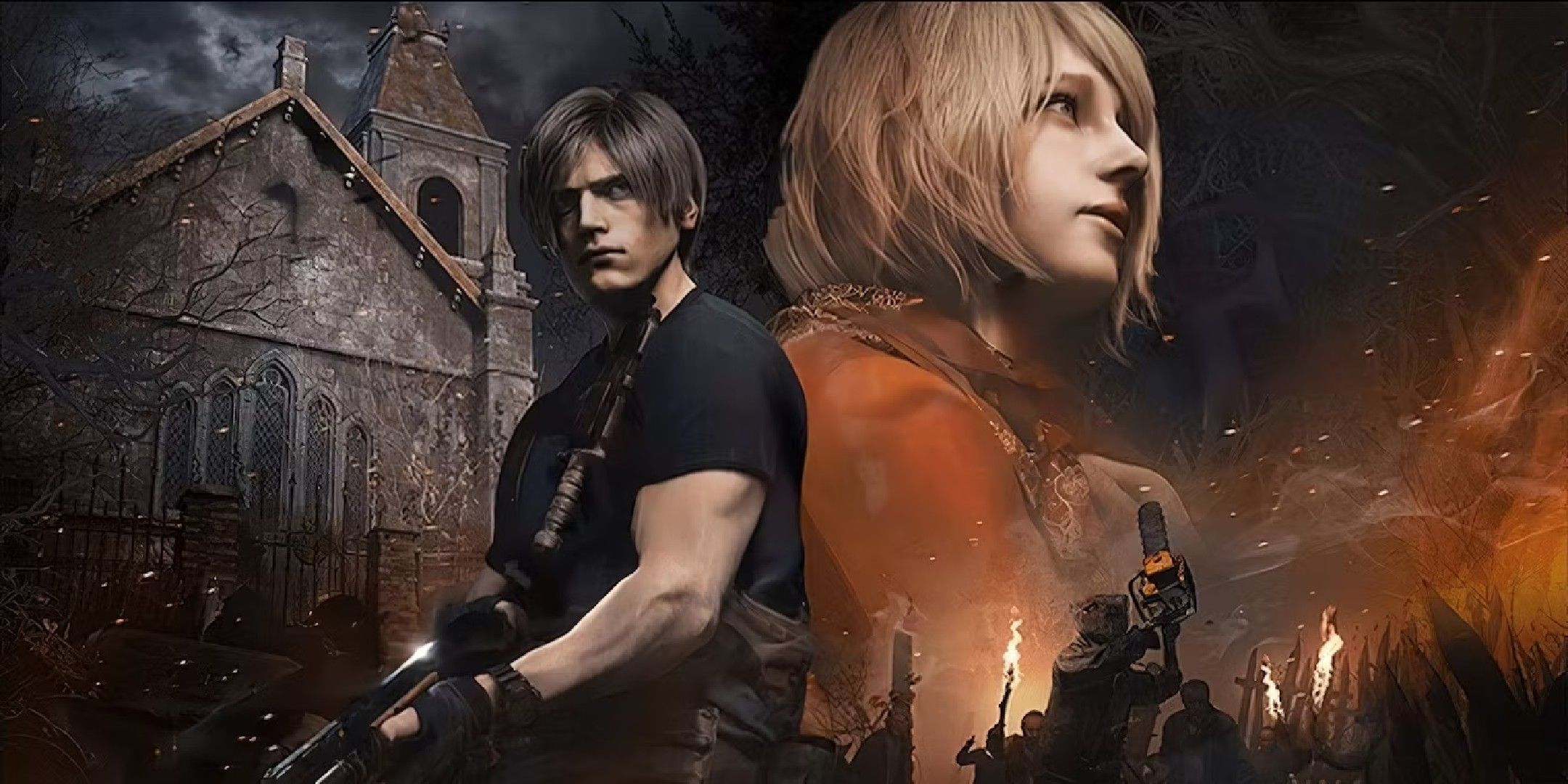 Resident Evil 4 image showing Leon, Ashley and the villagers.