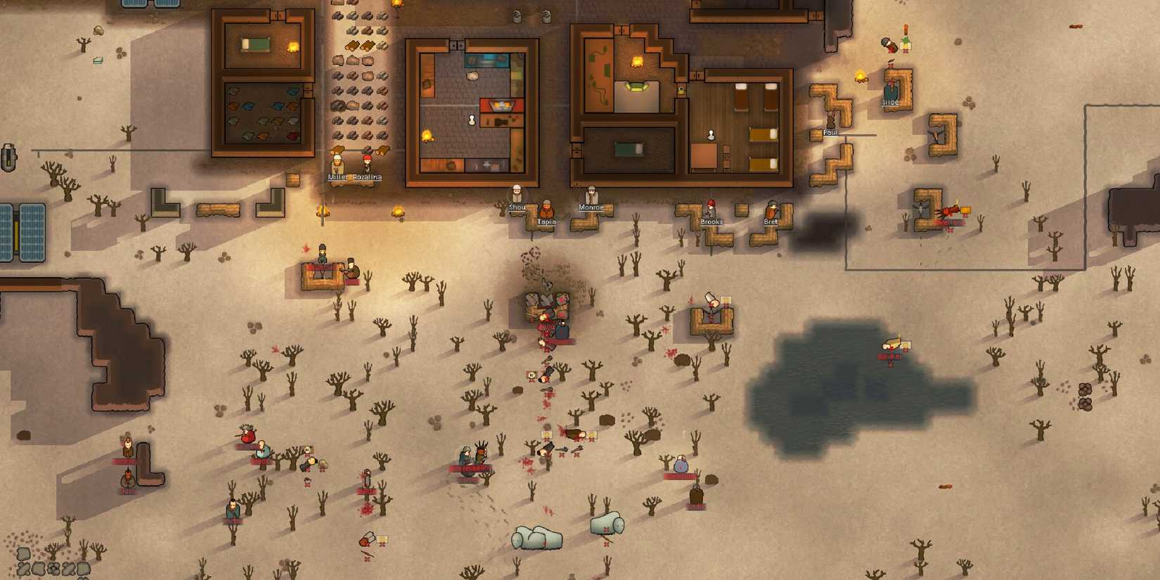 A raid on a player's base in Rimworld.