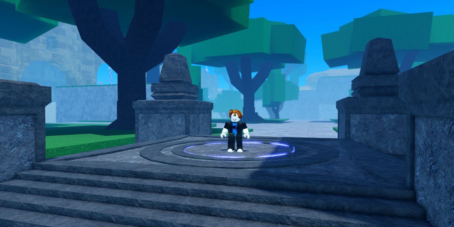 A character standing in the spawn point in Roblox: Fruit Battle Grounds.