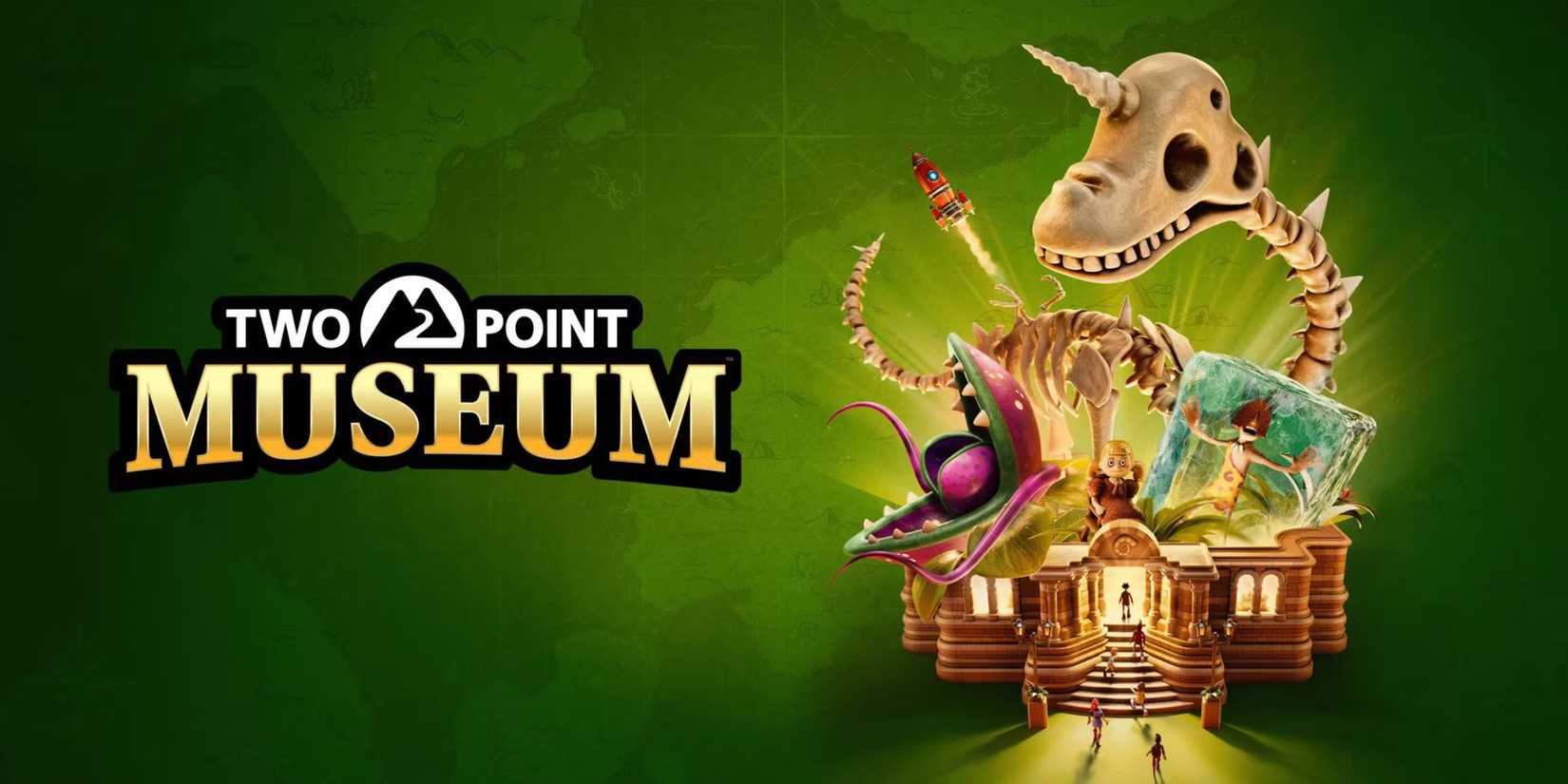 The main promotional artwork of Two Point Museum, featuring a museum bursting with different fossils.