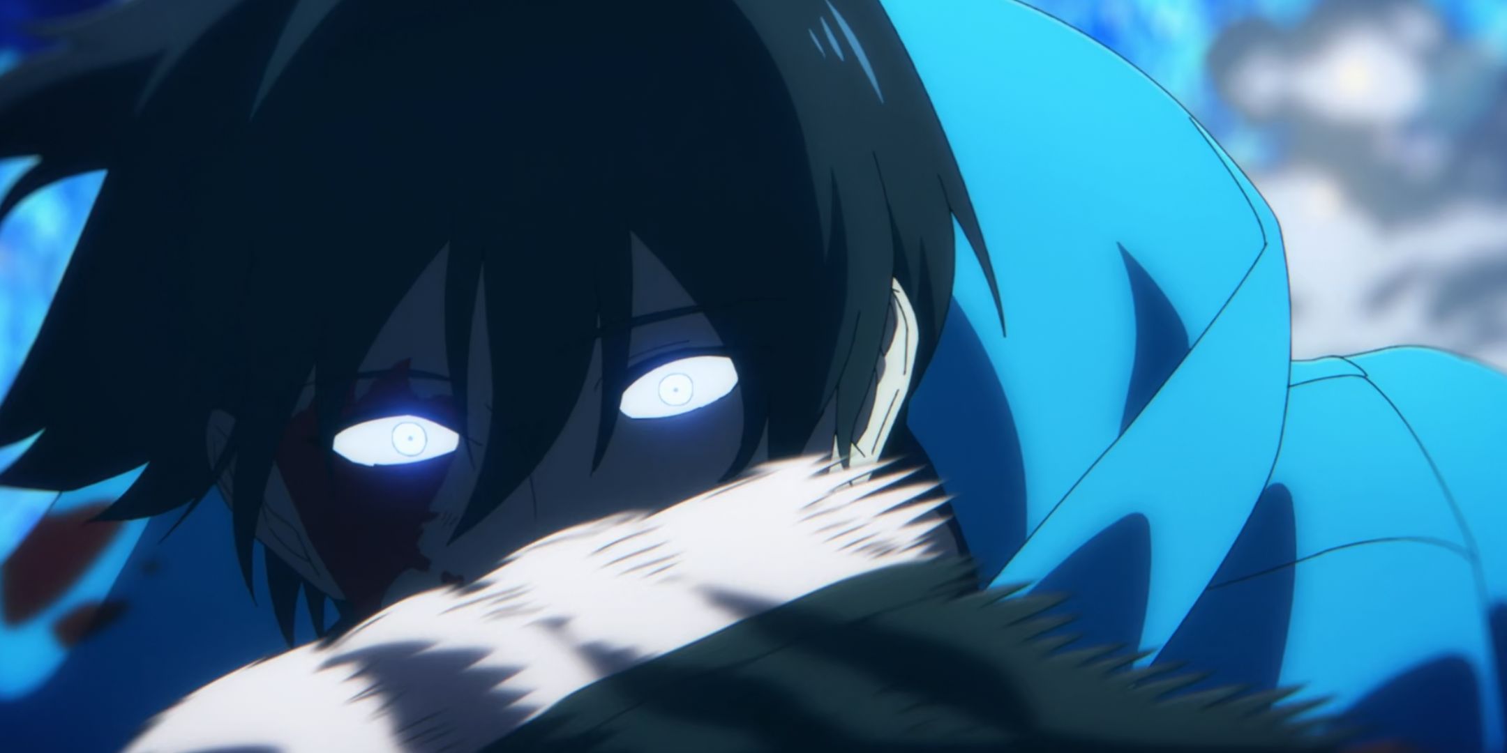 Sung Jin-woo's eyes are glowing as he attacks someone in Solo Leveling.