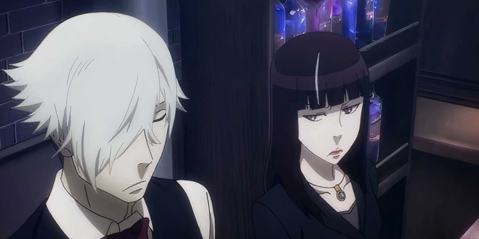 Chiyuki looking at Decim in Death Parade.