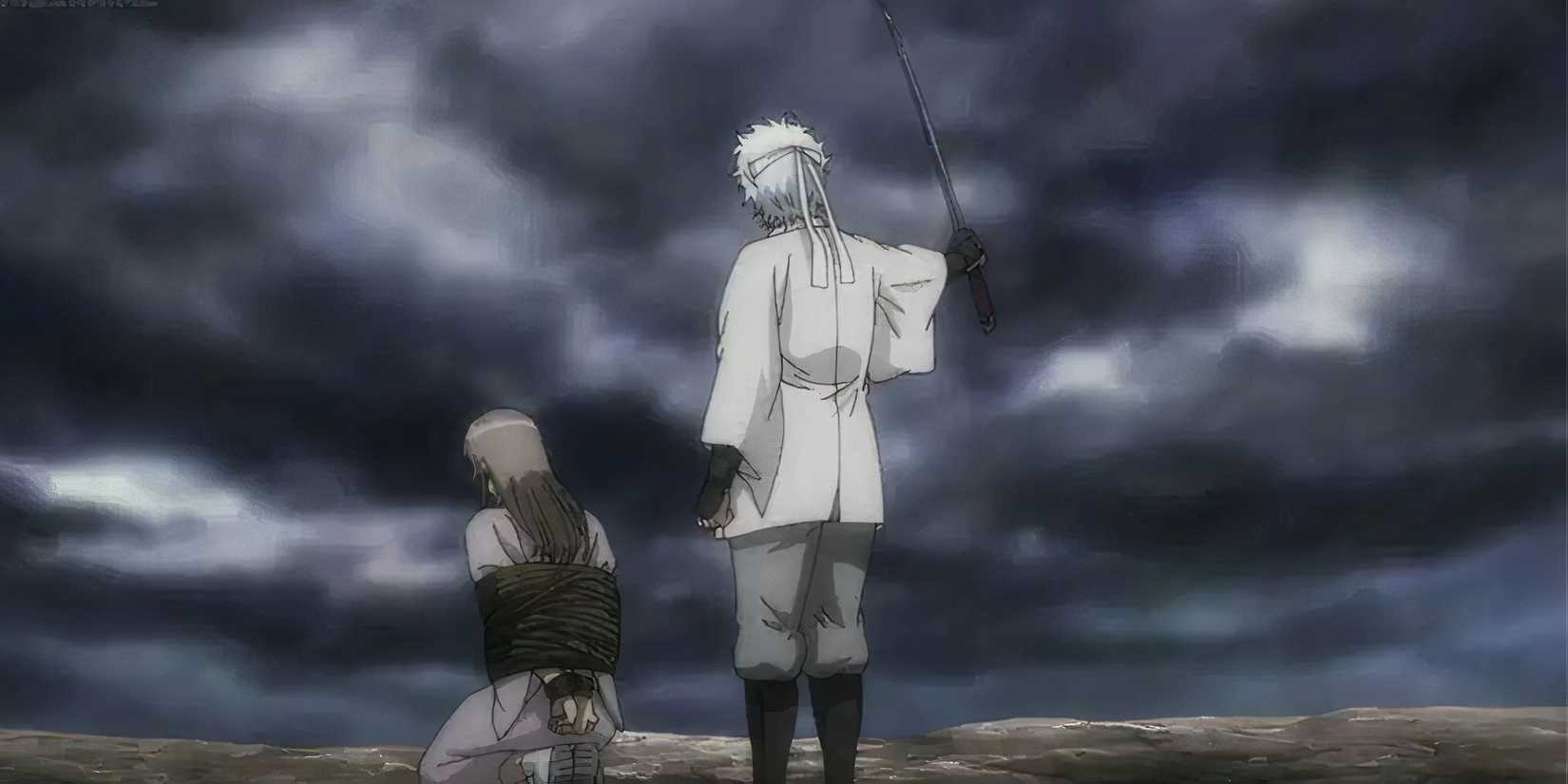 Gintoki is forced to execute his teacher, Yoshida Shouyou in Gintama.