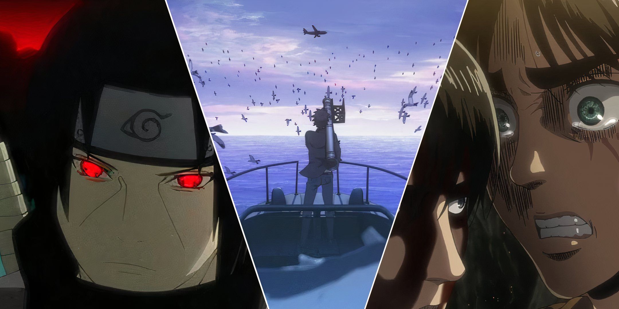 Itachi Uchiha massacring the Uchiha Clan, Kiritsuga destroys the plane, Levi decides between Armin and Erwin.