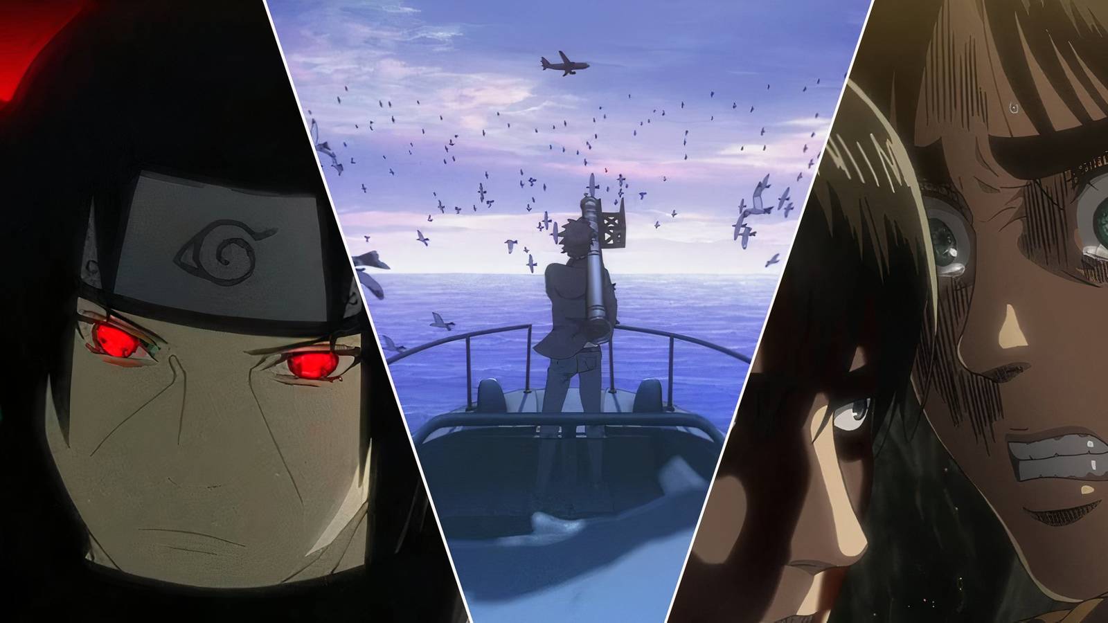Itachi Uchiha massacring the Uchiha Clan, Kiritsuga destroys the plane, Levi decides between Armin and Erwin.