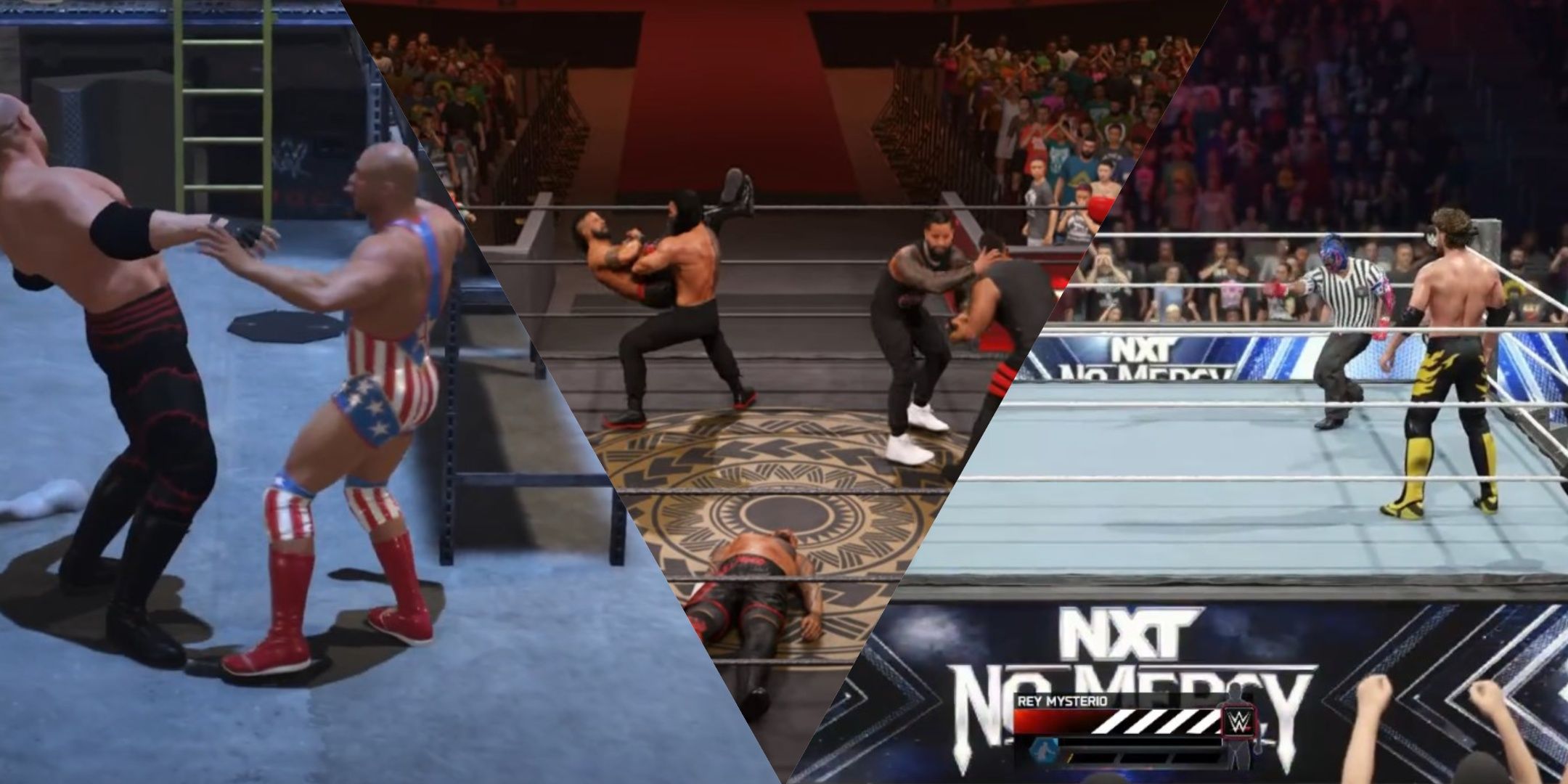 An image of collage of three WWE 2K25 match types: Brawl, Bloodline Rules, and Special Guest Referee.