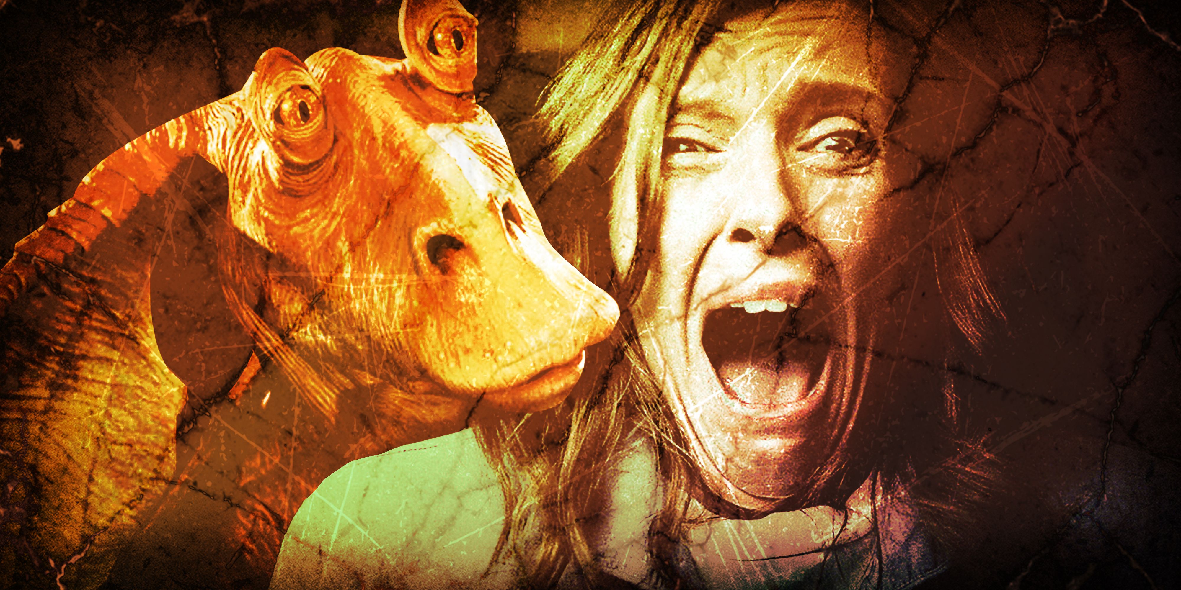 Jar Jar Binks looking over the shoulder of a screaming Annie in Hereditary.