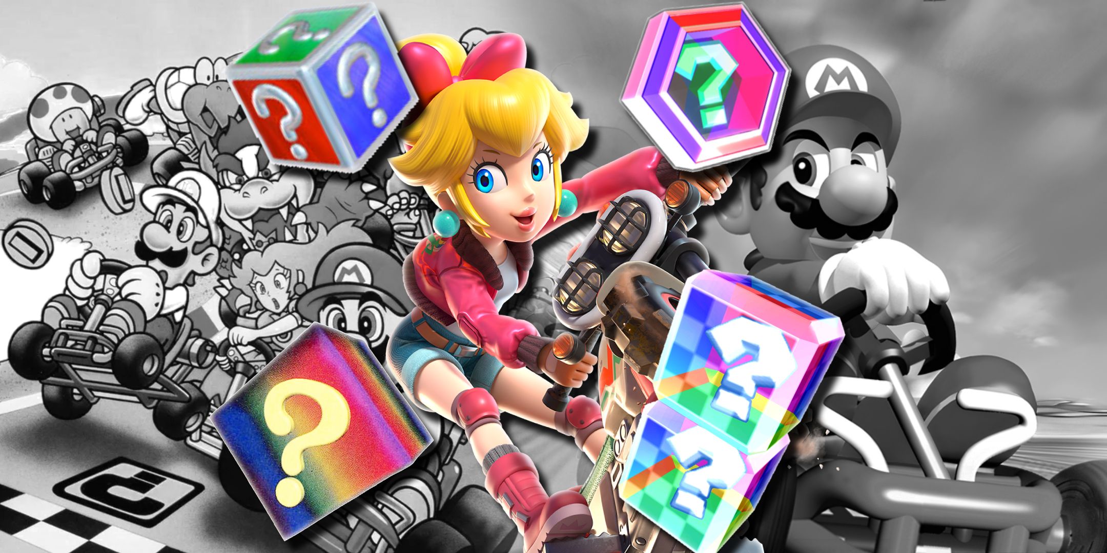 A split image of black and white artwork from Super Mario Kart and Mario Kart 64 with Peach from Mario Kart World and several item boxes from throughout the series in color over top.