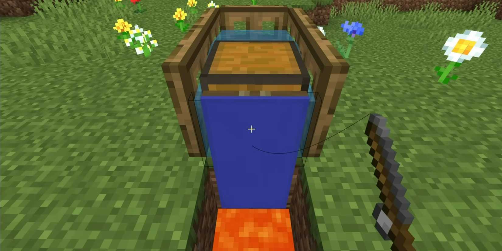 A chest and a block of water surrounded by hatches. Ahead above the lava hole is a blue banner.