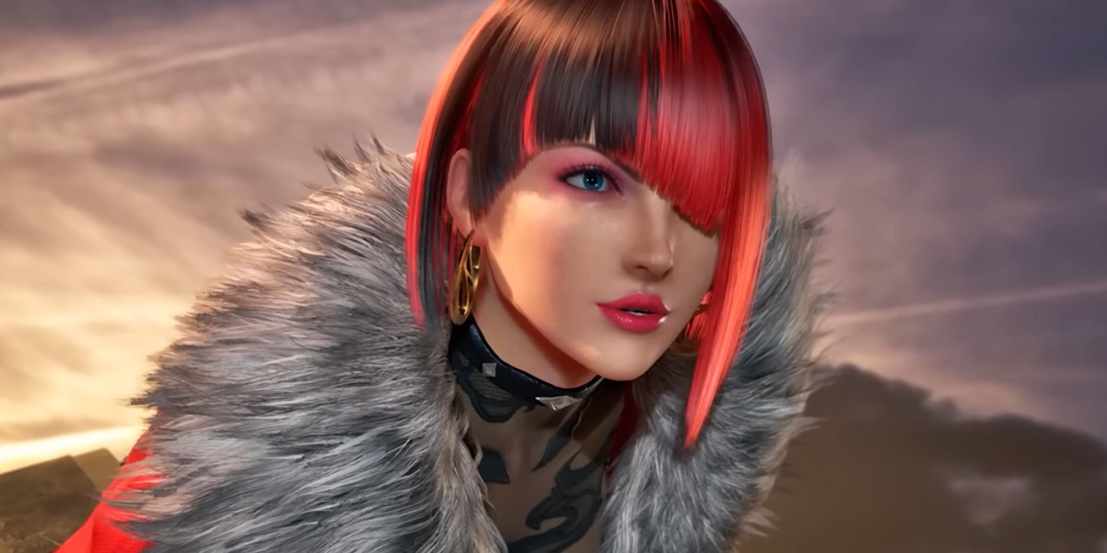 Anna Williams having just lept from a helicopter in Tekken 8