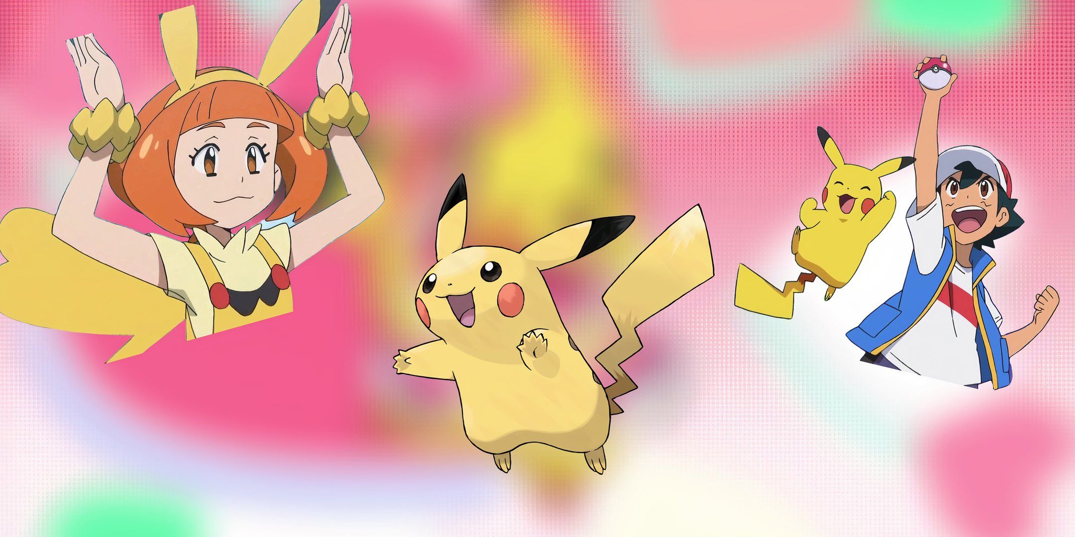 Pikachu on the left with her hands in the air, Pikachu in the middle and Ash with his Pikachu on the right.