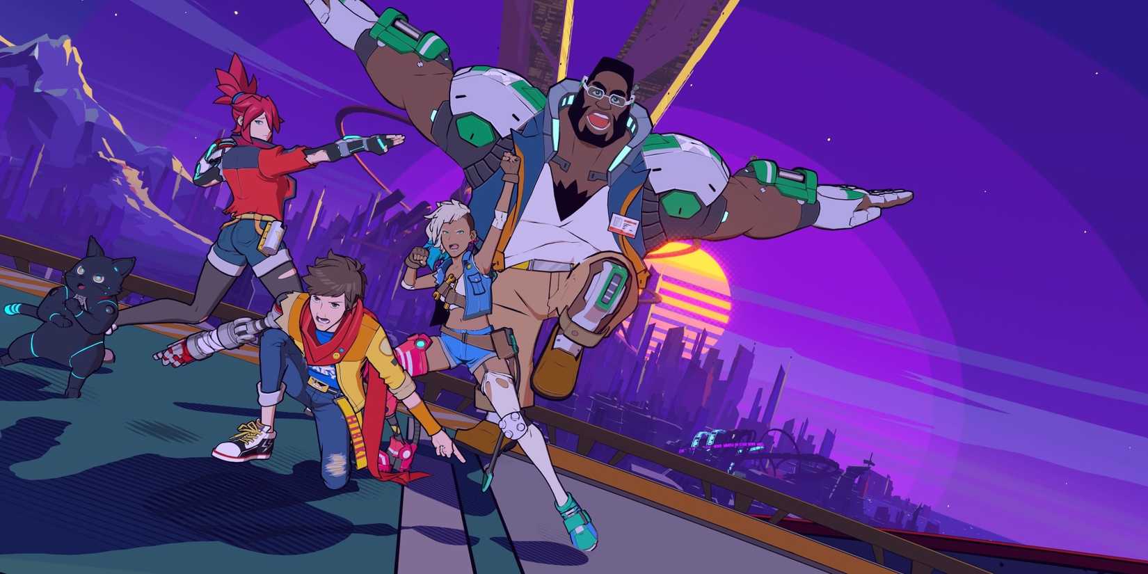 Chai, Peppermint, Macaron, Corsica and 808 pose in front of the cityscape in Hi-Fi Rush.