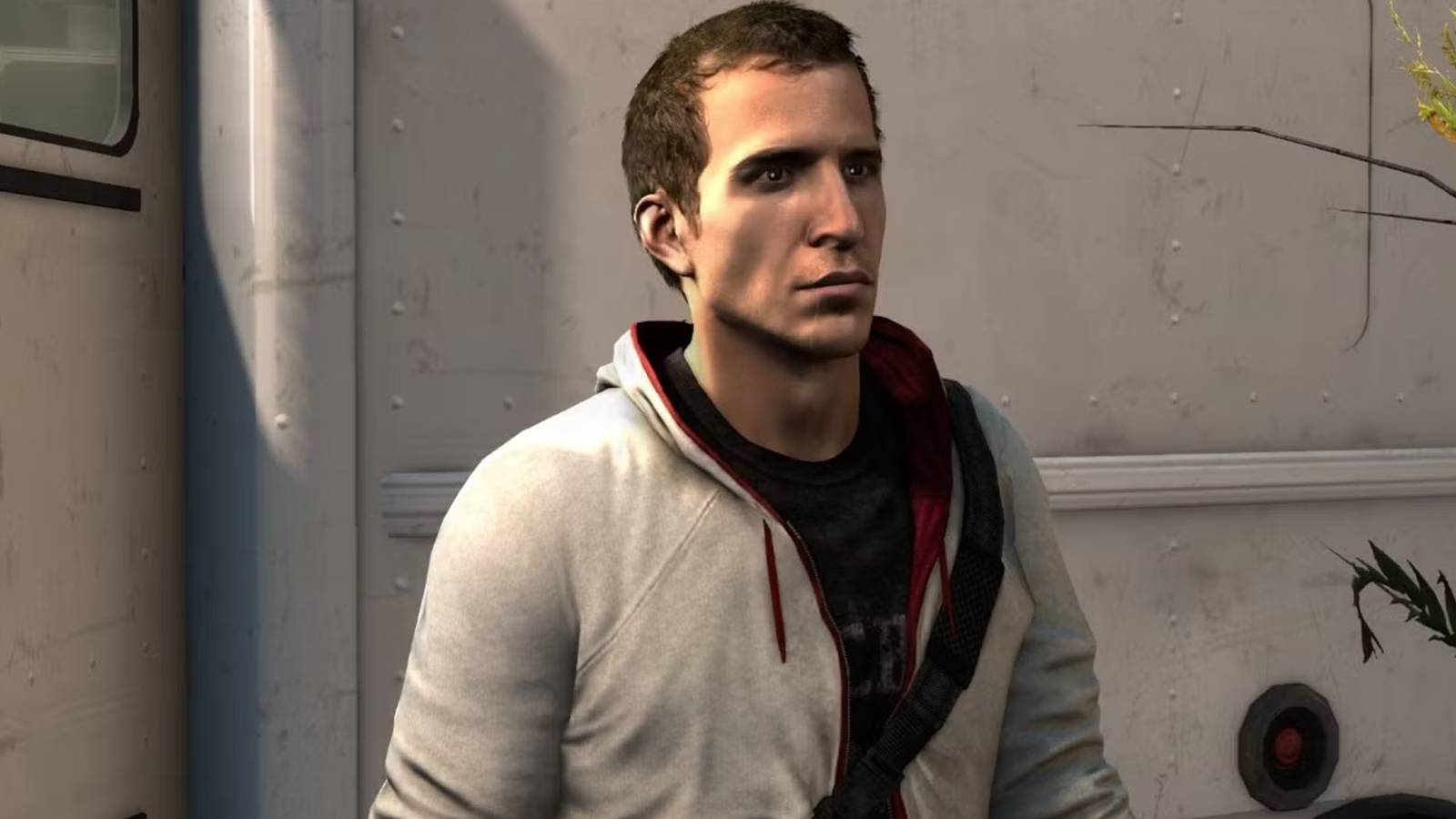 Desmond in Assassin's Creed 3 with his hood down in front of an RV.