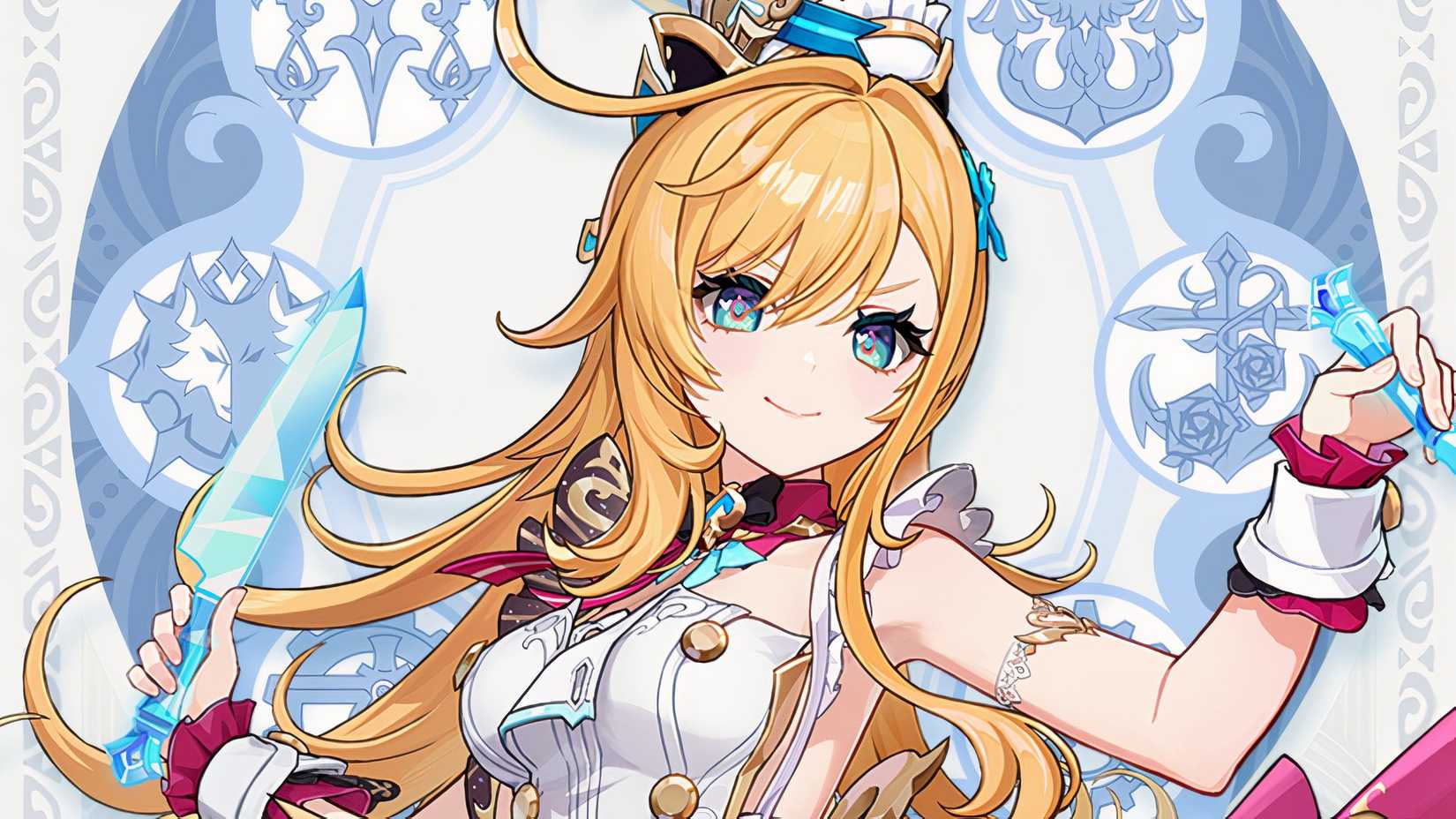 Escoffier poses while holding a knife on her right hand in Genshin Impact.